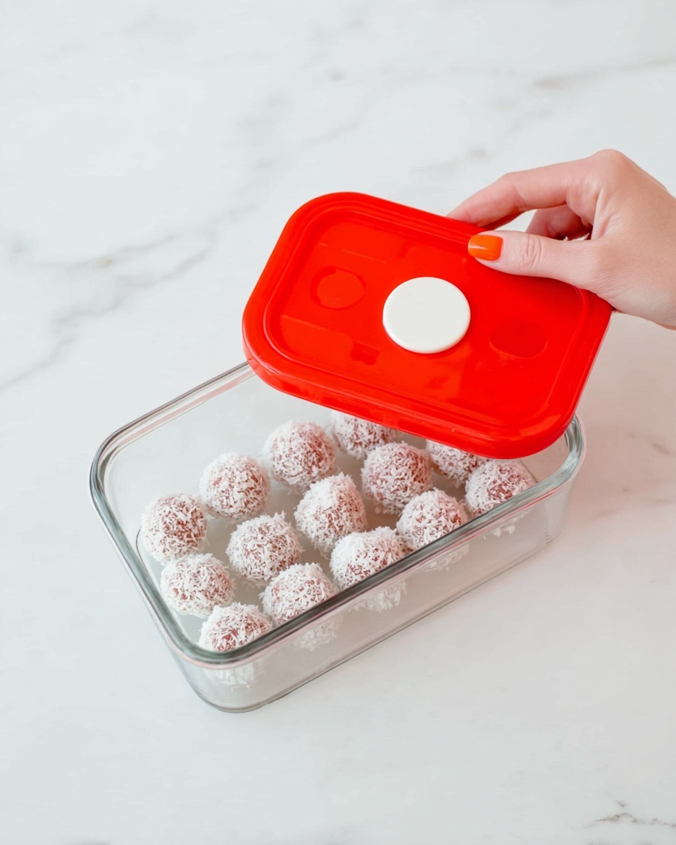 A clear glass rectangular container holds 15 small round balls covered in white flakes, arranged in four rows with some gaps. A woman's hand with orange nail polish is lifting a bright red lid with a white circular vent. The container sits on a white marbled surface. photo taken with an iphone --ar 4:5 --v 7
