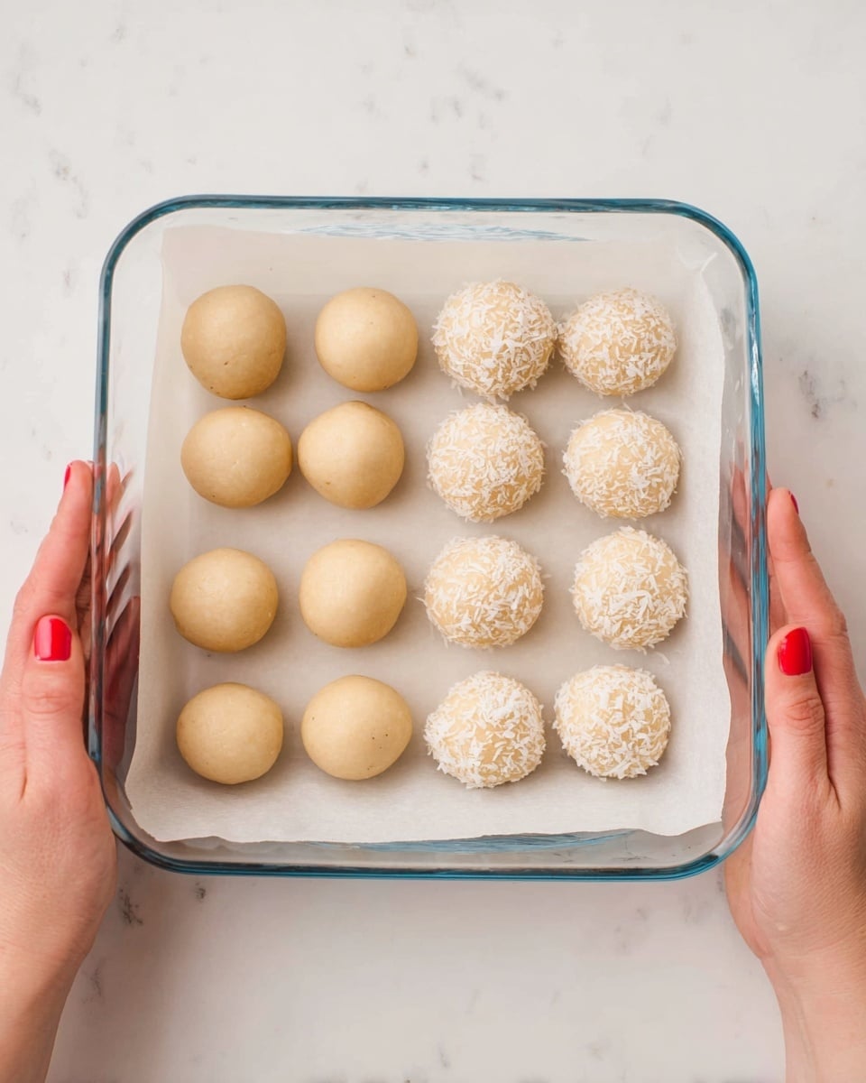 A clear rectangular glass dish lined with white parchment paper is filled with 18 small round dough balls arranged mostly in three rows, with some overlapping. Nine dough balls on the left side are smooth and light beige, while the remaining nine balls on the right side are coated with shredded white coconut, giving a textured and slightly rough look. Two woman's hands with red nail polish hold the dish from the left and right edges, all placed on a white marbled surface. Photo taken with an iphone --ar 4:5 --v 7