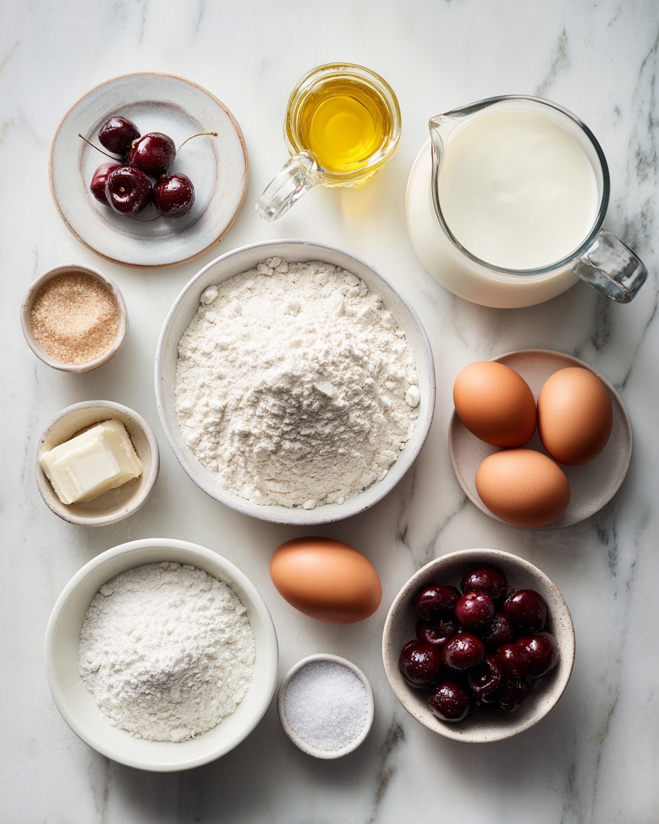 Top-down professional food photography flat lay style, bright white marble countertop, neatly arranged, evenly spaced, tidy, clean organized layout, include: bowl of organic all purpose flour, small bowl of baking powder, glass measuring cup of milk, bottle of light olive oil, small bowl of raw cane sugar, small plate with two whole eggs, small bowl of pitted cherries, bright soft natural lighting, sharp focus, high detail textures, realistic reflections, professional DSLR look, 4K, no finished dish, no cooked food, no hands, no text, no watermark, no brand logos --ar 4:5 --v 7