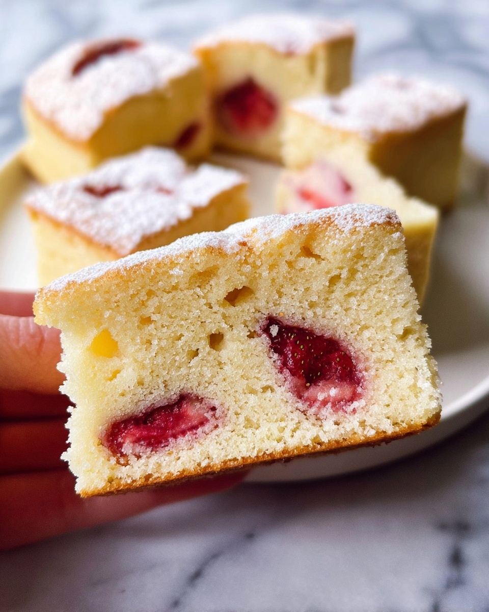 A close-up image shows a thick slice of soft, light yellow cake with three visible embedded strawberry pieces, two on the top side and one inside the cake layer. The cake texture looks airy and moist, with a few small holes inside. Powdered sugar dusts lightly over the cake surface. In the background, a white plate holds several more square slices of the same cake with visible strawberry bits inside. A woman's hand holds the front slice against a smooth white marbled surface. Photo taken with an iphone --ar 4:5 --v 7