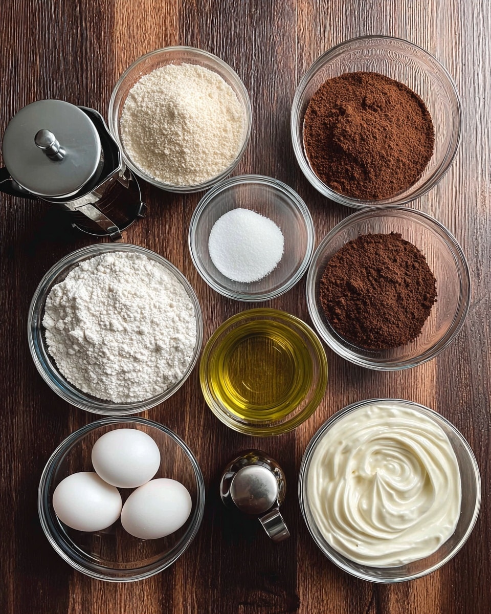 The image shows a top view of eight clear glass bowls and two white eggs arranged neatly on a dark wooden surface. The bowls contain different baking ingredients: one with a pile of fine white flour, another with light brown sugar with a grainy texture, a third with dark brown cocoa powder with a soft powdery look, and a fourth with white granulated sugar with a smooth surface. There is also a small bowl with white baking powder and salt, a bowl with golden cooking oil, and a bowl filled with white creamy yogurt with swirls on the surface. Additionally, there is a small dark brown bottle with a silver cap, possibly vanilla extract. On the left side, there is a black French press placed vertically. The two eggs rest between the bowls near the center of the arrangement. The photo is taken with an iphone --ar 4:5 --v 7