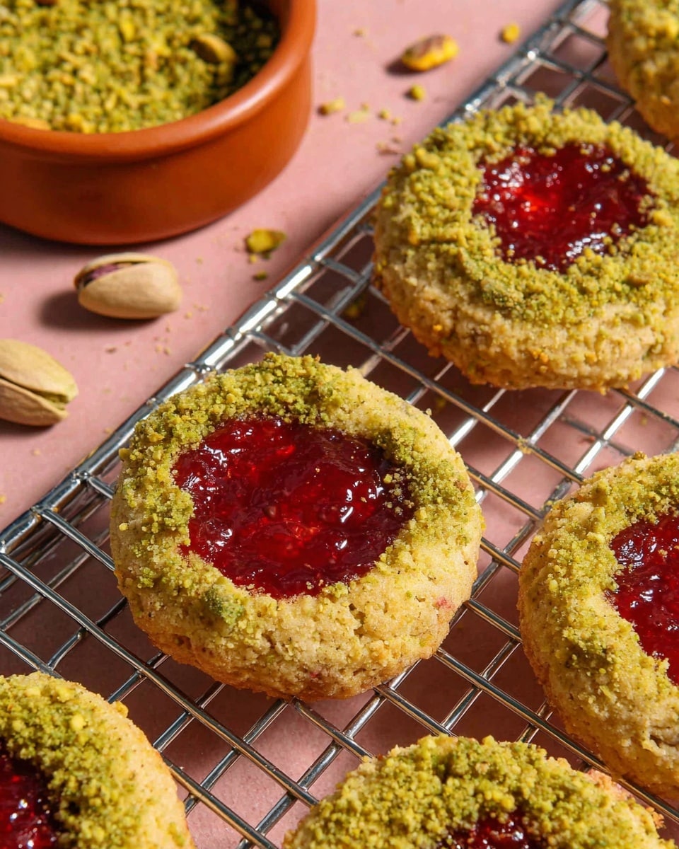 Round cookies are shown on a silver cooling rack, each cookie having two main layers. The bottom layer is a light golden brown dough covered evenly with finely crushed pistachios, giving a rough, greenish-yellow nutty texture. The center layer is a bright, shiny red jam filling slightly oozing over the edges of the pistachio dough. A small terracotta bowl filled with crushed pistachios is visible in the top left corner, and a few whole pistachios are scattered around the rack. The background has a soft pinkish tone under the rack, and the overall scene is illuminated with natural light. photo taken with an iphone --ar 4:5 --v 7