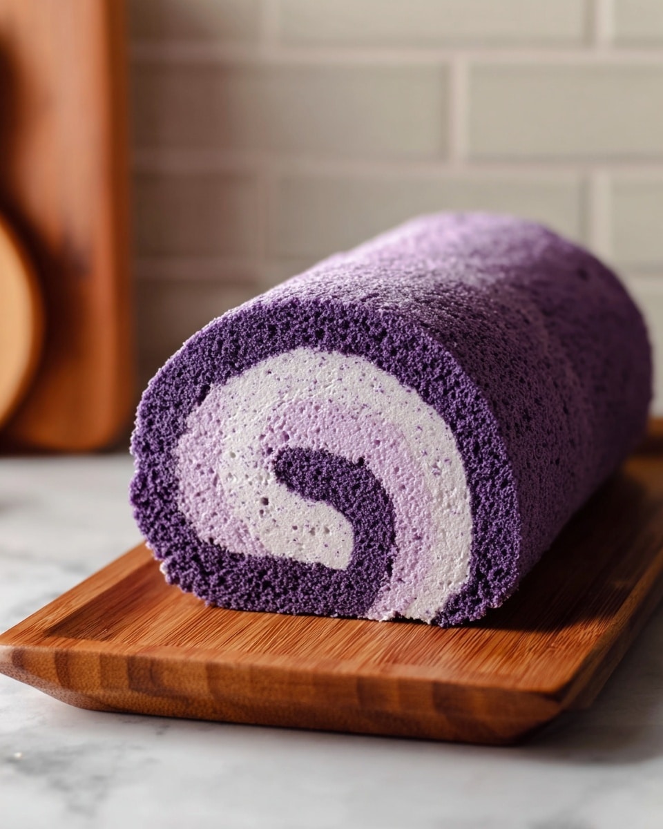 A close-up view of a purple roll cake resting on a wooden board with three visible layers: a dark purple outer sponge layer, a lighter purple middle layer, and a light purple cream center, all with a soft and fluffy texture. The background shows a blurred white tiled wall and part of a wooden object on the left side, placed on a white marbled surface. photo taken with an iphone --ar 4:5 --v 7