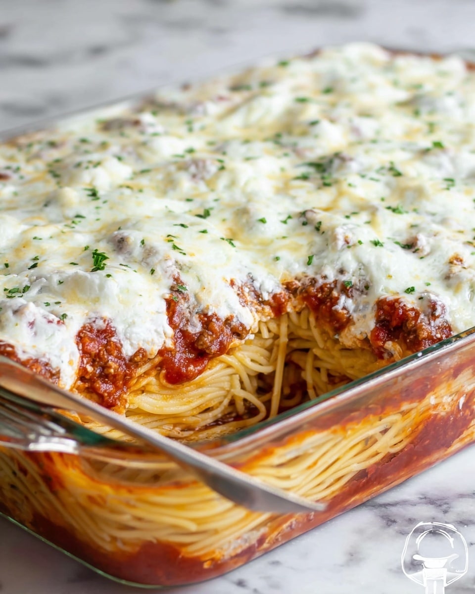 The image shows a glass baking dish filled with layered spaghetti lasagna. The bottom layer consists of plain spaghetti noodles arranged horizontally, coated lightly with a rich red tomato sauce that has herbs mixed in. Above that is a thick white creamy cheese layer, followed by a chunky meat sauce mixed with tomato sauce. On top of this is a thick layer of melted white cheese that covers the whole dish, with small green herb bits sprinkled on the surface. A fork is placed on the left side of the dish, and the background is a white marbled texture. photo taken with an iphone --ar 4:5 --v 7
