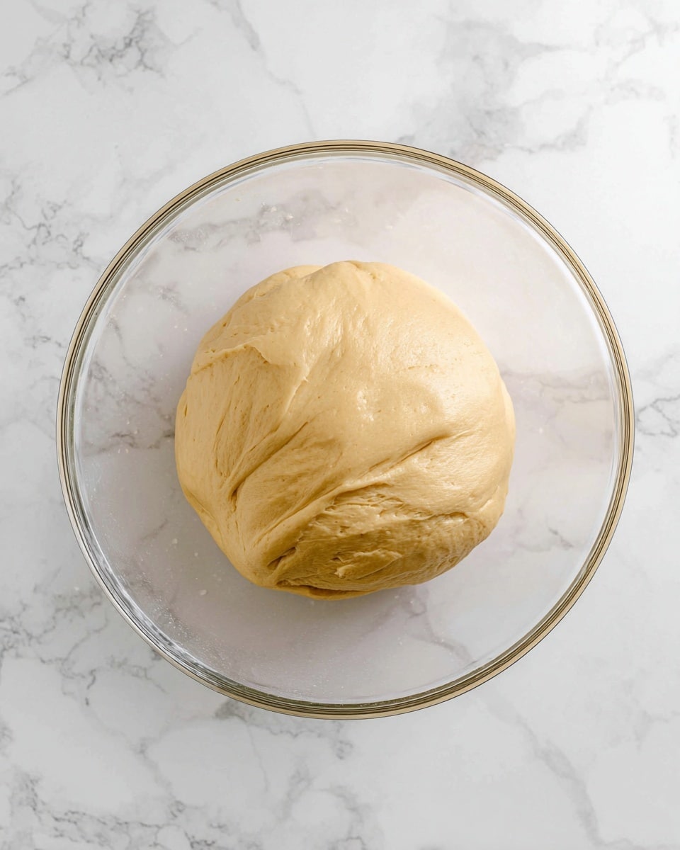 A smooth, round ball of light beige dough is sitting in the center of a clear glass bowl. The dough looks soft and slightly shiny, with a few subtle folds on the surface showing its elasticity. The bowl is placed on a white marbled surface, adding a clean and bright look to the image. Photo taken with an iphone --ar 4:5 --v 7
