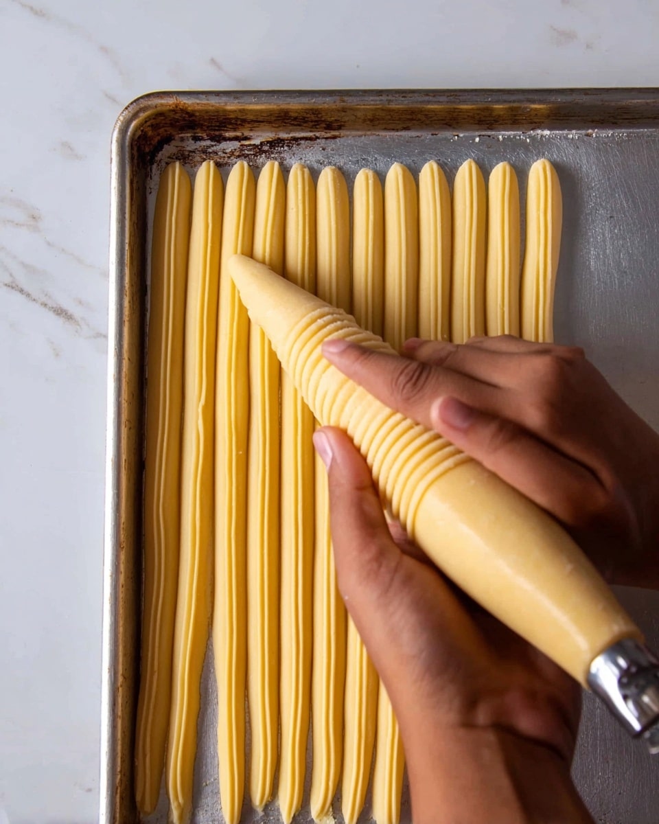 A close-up image shows a pair of hands holding a piping bag filled with light yellow dough, being squeezed to pipe long, thin strips onto a metal baking tray. The strips are neatly lined up in three rows on the right side, each with a grooved texture from the piping tip. The metal tray has some dark, worn marks but the focus is on the smooth, pale dough strips, creating a pattern of parallel lines. The background is a white marbled texture. photo taken with an iphone --ar 4:5 --v 7