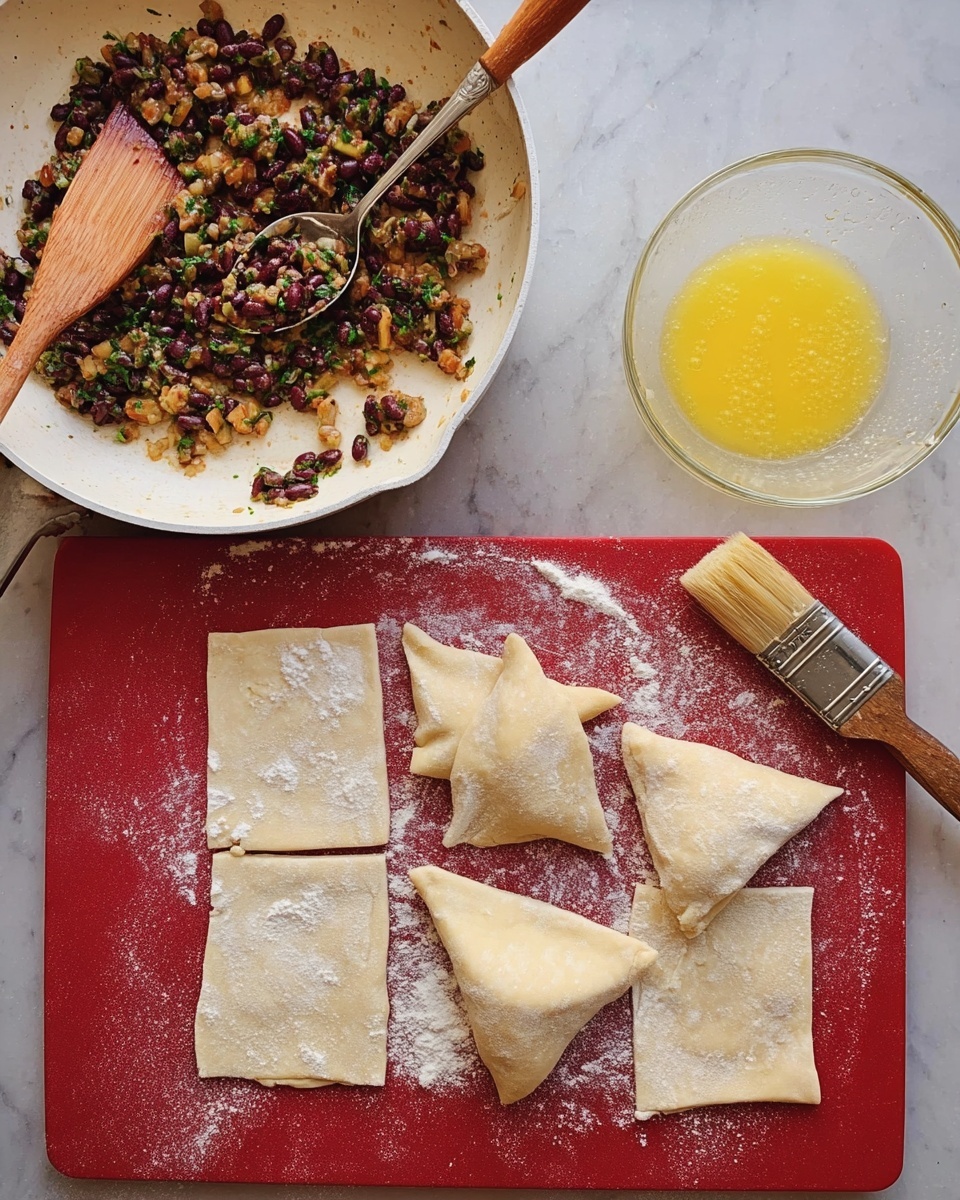A white frying pan filled with cooked dark brown and green chopped vegetables or beans on the left, with a wooden spatula and a metal spoon resting inside. To the right, a small clear glass bowl with a yellow beaten egg mixture. Below, a red cutting board with four square pieces of light beige dough dusted with flour; one square is folded into a triangle shape, the second square has a triangular pile of the cooked filling placed in the center, and the other two squares are empty. A light brown pastry brush with a wooden handle rests on the board near the dough. The whole scene is set on a white marbled surface photo taken with an iphone --ar 4:5 --v 7