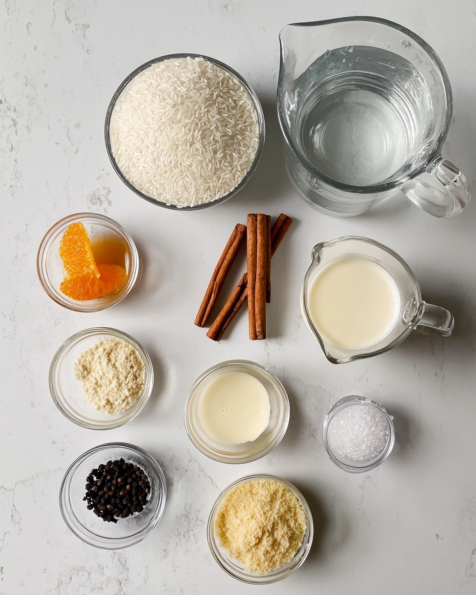 The image shows eight small clear glass containers, each holding different ingredients arranged neatly on a white marbled surface. In the top left, there is a bowl filled with white rice grains. To its right, a pitcher holds clear water. Below the rice, a small bowl holds two brown cinnamon sticks. Next to it, a pitcher contains a white frothy liquid, and beside that another pitcher holds a light yellow creamy liquid. Below the cinnamon are small bowls with a thin orange peel, a few black cloves, a larger bowl with a powdery yellow substance, and a small dish with white salt. The setup is clean and organized, focusing on the textures and colors of the ingredients. photo taken with an iphone --ar 4:5 --v 7