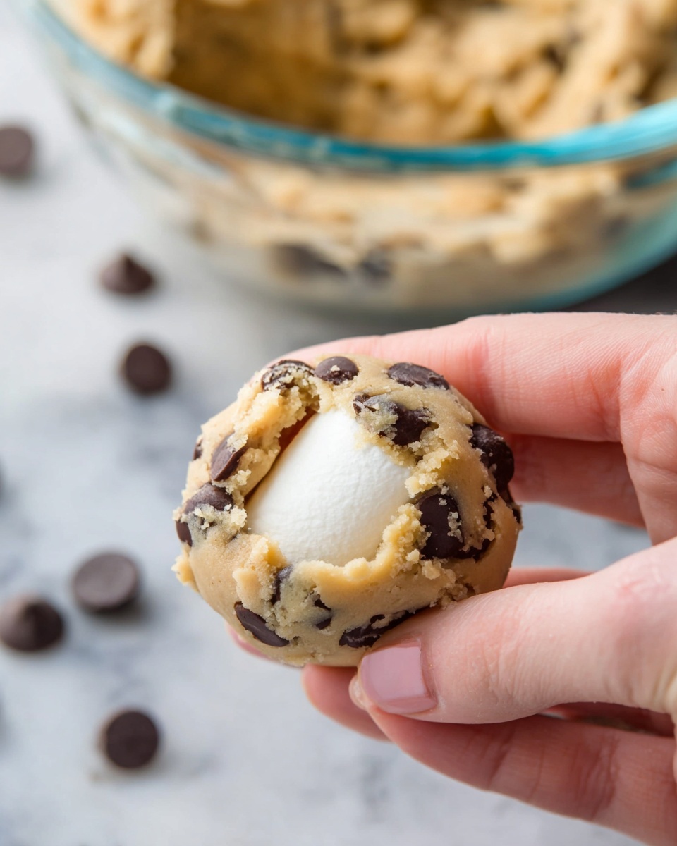 A close-up shows a woman's fingers holding a small ball of light brown cookie dough dotted with dark chocolate chips, with a white marshmallow partially wrapped inside the dough, creating a visible contrast between the creamy white marshmallow center and the textured dough outer layer. In the blurry background, a clear glass bowl filled with more cookie dough is slightly visible sitting on a white marbled surface, scattered with a few dark chocolate chips. The image highlights the soft, malleable texture of the dough and the marshmallow's smooth surface. photo taken with an iphone --ar 4:5 --v 7