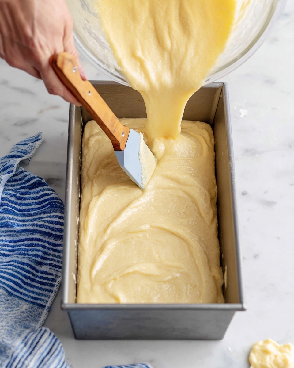 A close-up view of thick, pale yellow batter being poured from a clear glass bowl into a rectangular silver baking pan. The batter has a creamy and smooth texture and spreads across the base of the pan in uneven layers. A woman's hand holds a spatula with a wooden handle, guiding the batter into the pan. The scene is set on a white marbled surface, with part of a blue and white striped cloth visible on the side. photo taken with an iphone --ar 4:5 --v 7