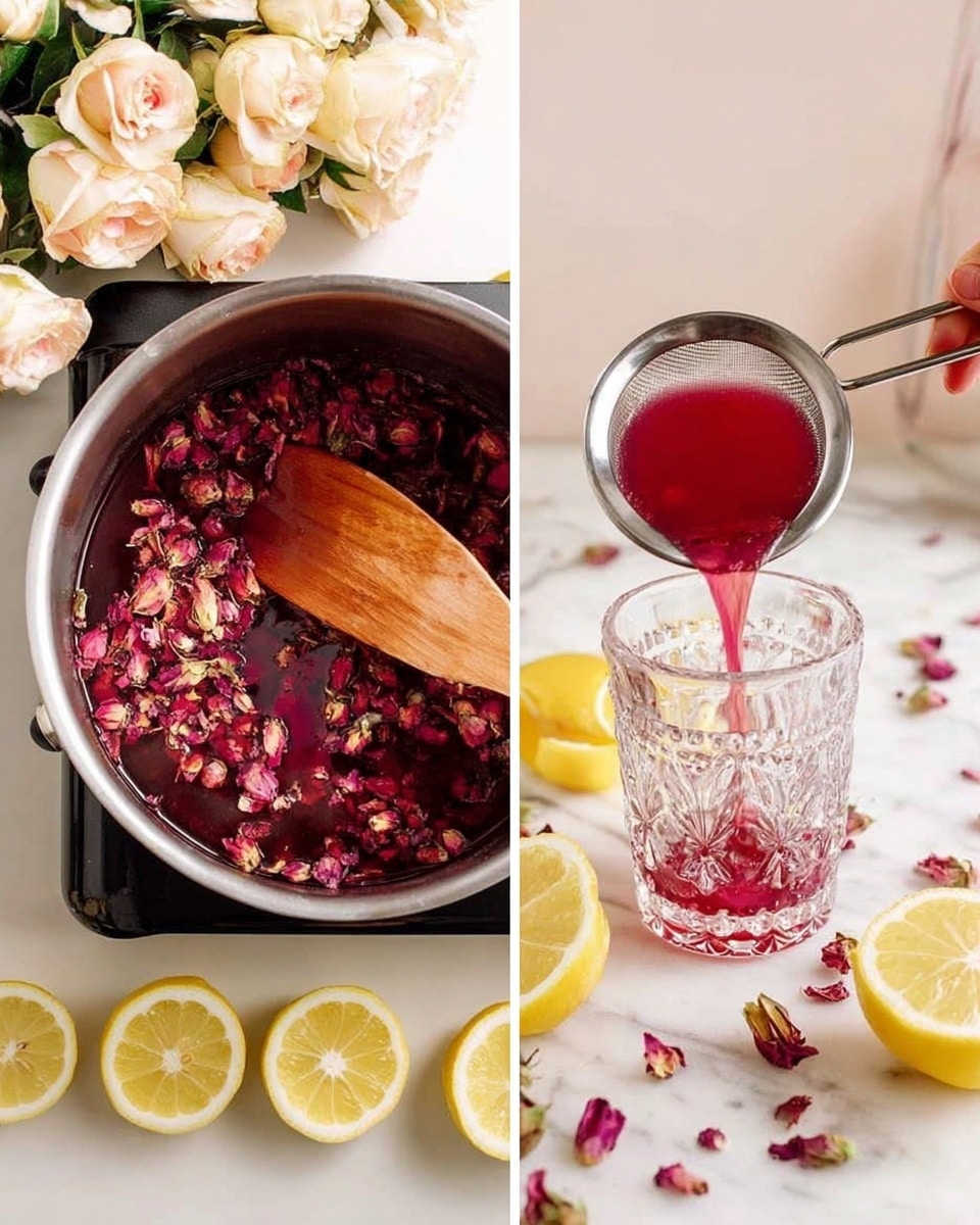 A metal pot filled with water and many red and pink dried rose petals is shown being stirred by a wooden spatula held in a woman's hand from the bottom right. The pot rests on a black cooktop with four lemon halves lined up at the bottom edge. A bouquet of pale pink and cream roses lies at the top left corner on a white marbled surface. In the second image, a clear glass container with ornate patterns sits centered on a white marbled surface, surrounded by two lemon halves and scattered rose petals. A deep pink liquid is being poured from a small metal pot held above into the glass through a thin metal strainer. The background is soft white. photo taken with an iphone --ar 4:5 --v 7