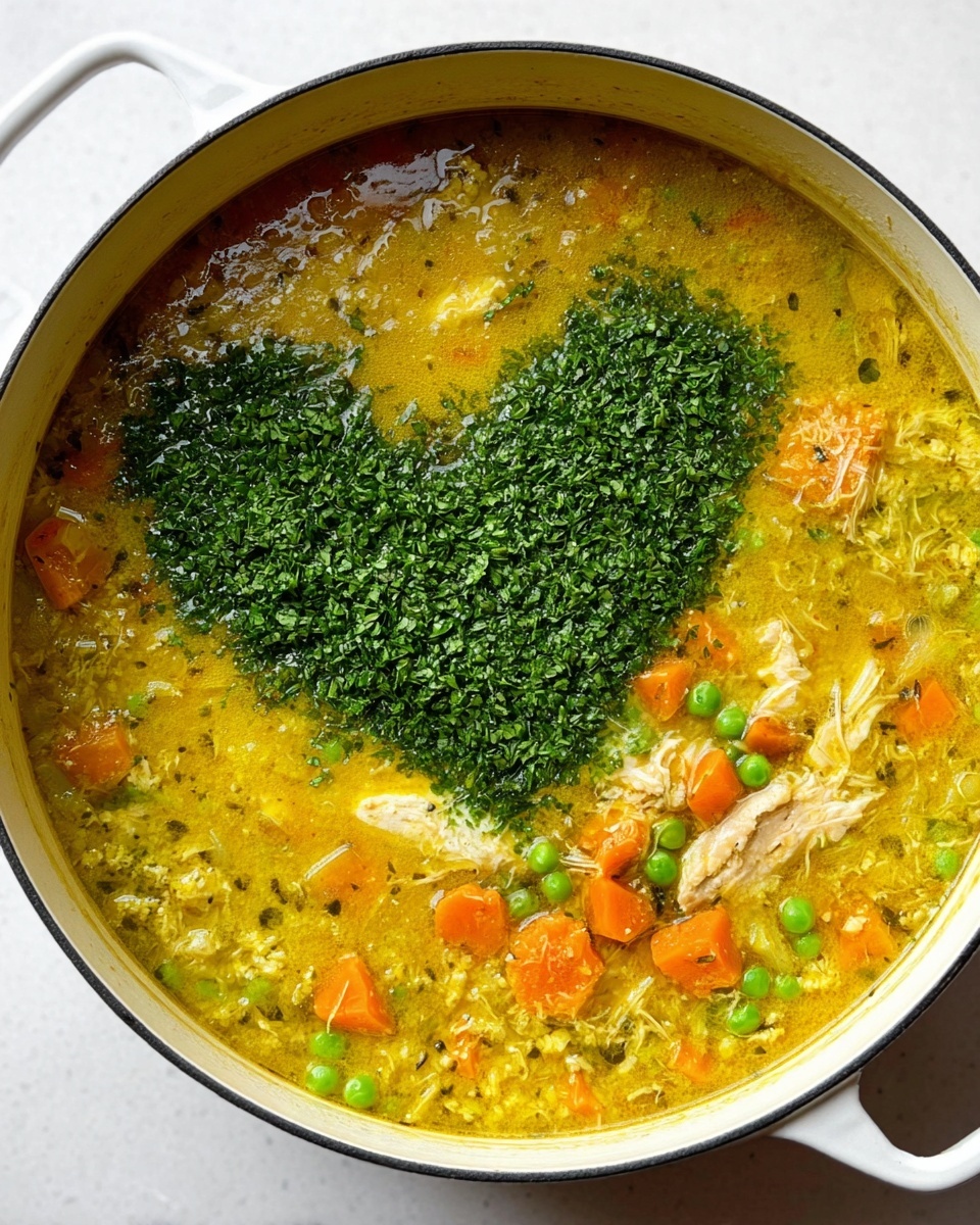 A large white pot filled with thick yellow soup with a slightly oily surface. Inside the soup, there are small chunks of orange carrots, bright green peas, and bits of white chicken meat. On top, there is a large heart-shaped pile of finely chopped dark green herbs positioned to the left with scattered herbs and peas near the center. The pot sits on a white marbled surface. Photo taken with an iphone --ar 4:5 --v 7