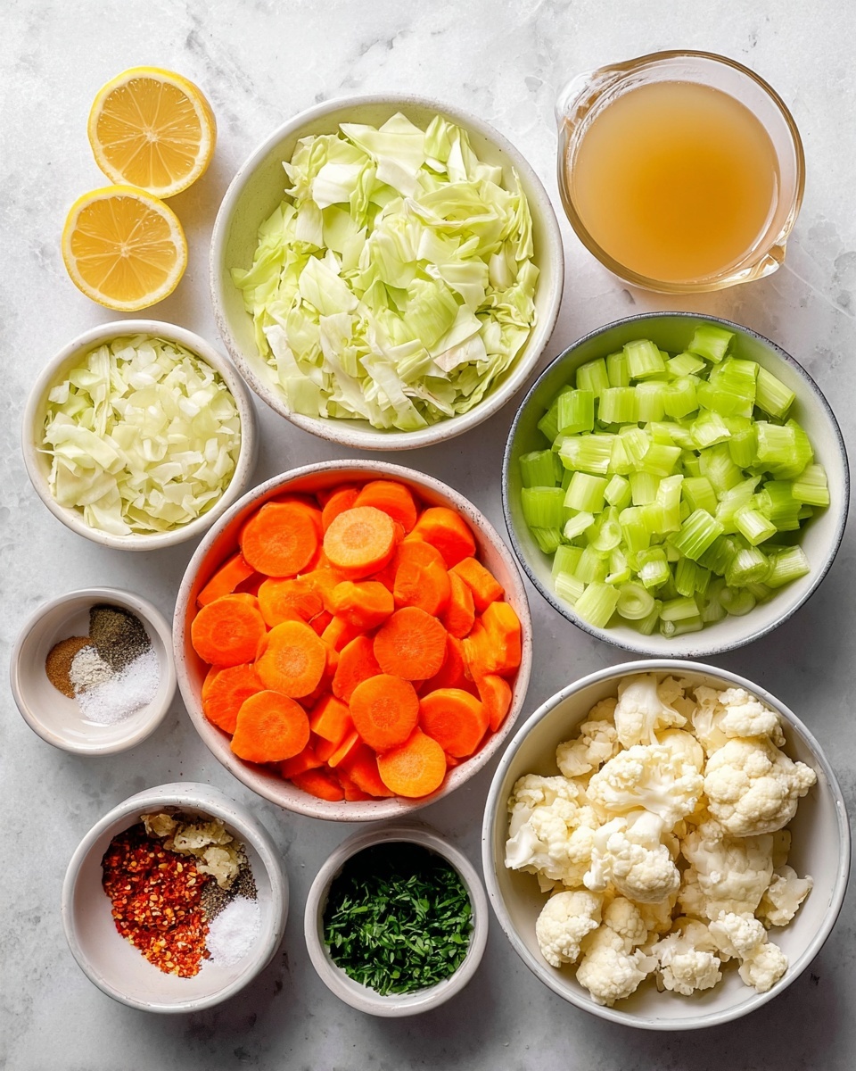 The image shows several white bowls arranged on a white marbled surface, each filled with fresh chopped ingredients. In the center, one bowl has two layers: bright orange carrot slices on the left and light green celery slices on the right. Surrounding it are other bowls with pale green cabbage leaves, white chopped onions, and white cauliflower florets. Smaller bowls hold minced garlic, a mix of red and orange spices, chopped green herbs, and a pinch of salt and black pepper. There is also a glass of light brown broth and two halves of a lemon placed near the top. The scene has a clean, bright look, with all items clearly separated and easy to see. photo taken with an iphone --ar 4:5 --v 7