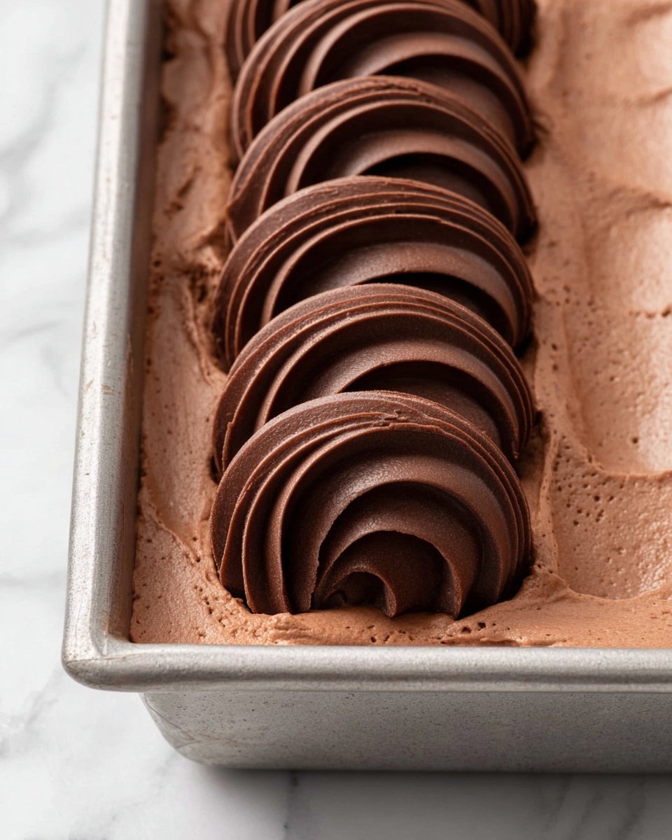 A close-up view of a rectangular metal pan filled with smooth, light brown chocolate mousse as the base layer, topped with a row of eight round, thick dark chocolate swirls placed neatly in the center, each swirl showing clear ridges and a soft, velvety texture, against a white marbled surface background, photo taken with an iphone --ar 4:5 --v 7