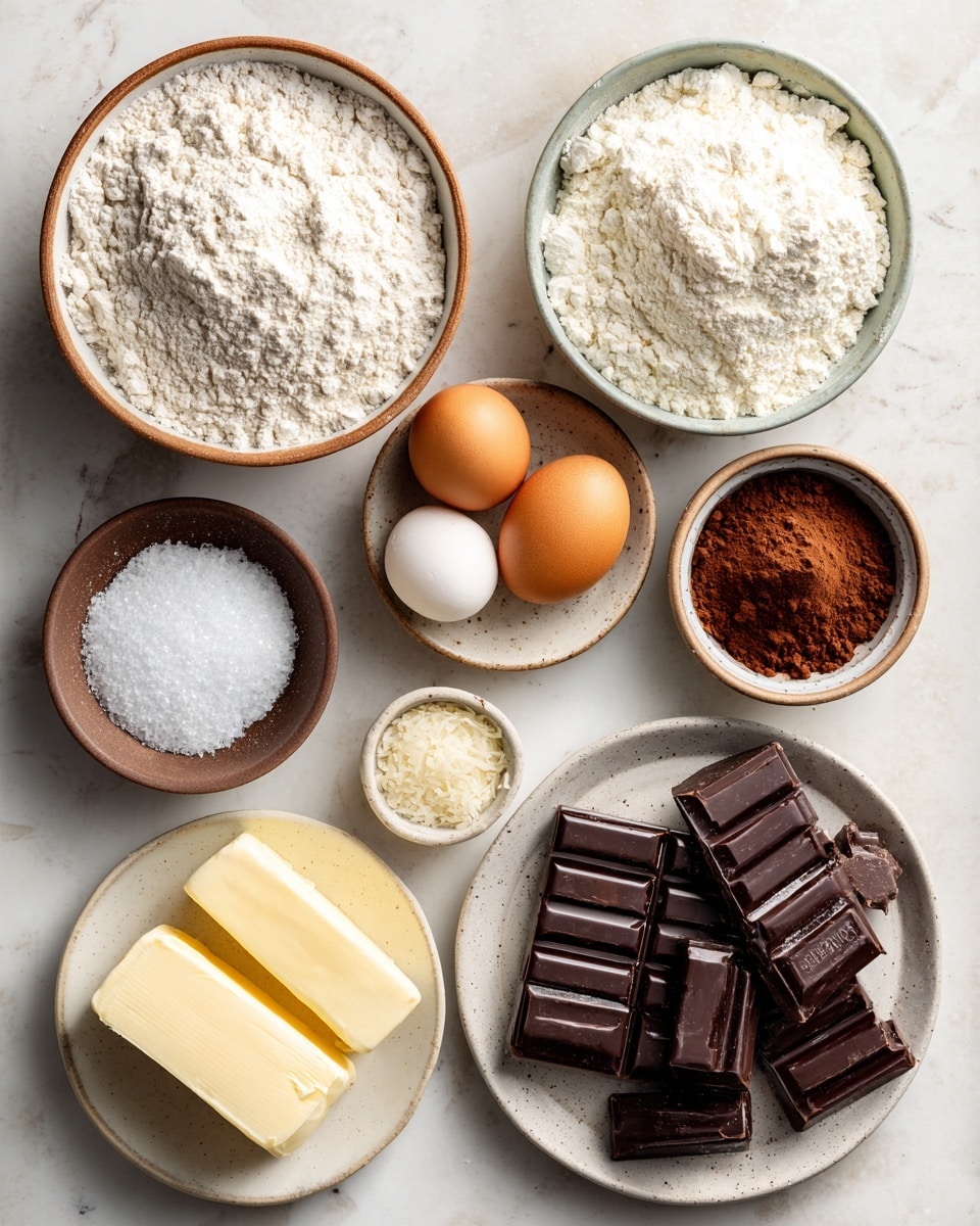 Top-down professional food photography, flat lay style, bright white marble countertop, neatly arranged, evenly spaced, tidy, clean organized layout, include: bowl of all-purpose flour, small bowl of cocoa powder, small bowl of baking powder, small plate with unsalted butter, small plate with large egg, bowl of granulated sugar, small bowl of flaky sea salt, bowl with bittersweet chocolate chunks, bright soft natural lighting, sharp focus, high detail textures, realistic reflections, professional DSLR look, 4K, no finished dish, no cooked food, no hands, no text, no watermark, no brand logos --ar 4:5 --v 7