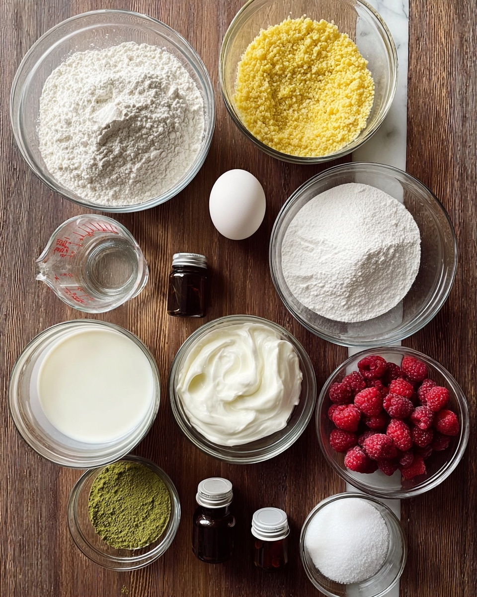 The image shows eleven clear glass bowls and one white egg arranged on a wooden surface. From top left, a large bowl filled with white flour is next to a bowl of crushed yellow nuts. Below them is a transparent measuring cup with a clear liquid, next to a bowl of thick white yogurt and another bowl filled with white granulated sugar. Below these, there is a bowl of white milk, the white egg, a small bowl containing white powder, and a bowl with frozen red raspberries. Toward the bottom, another small bowl holds green powder, and next to it are two small dark brown bottles with liquid inside. The whole setup is on a white marbled surface. photo taken with an iphone --ar 4:5 --v 7