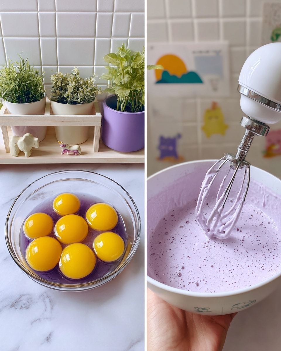 The image shows two side-by-side photos of a clear glass bowl on a white marbled surface. In the left photo, the bowl contains six yellow egg yolks surrounded by egg whites, along with some dark purple liquid pooled on one side. The background includes a small white wooden shelf holding potted green plants, a purple pot, and a tiny animal figurine, set against white tiled walls with a colorful drawing. The right photo shows a woman's hand holding a white electric mixer with two beaters inside the same bowl. The mixture is being whipped into a frothy, light purple batter with small bubbles on the surface. Photo taken with an iphone --ar 4:5 --v 7
