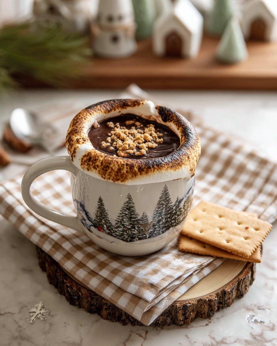 A rustic white mug with a wintery forest and snowy mountain design holds a rich dark chocolate drink topped with a thick, toasted marshmallow ring that covers the rim, with some browned spots and a slightly blackened tip on one side. Inside the marshmallow ring is a layer of crushed light brown graham crackers sprinkled on the glossy chocolate surface. The mug sits on a folded light brown and white checkered cloth napkin placed on a round wooden slab with bark edges. To the right of the mug, two square graham crackers rest on the wooden slab. The scene is set on a light brown and white checkered tablecloth over a white marbled surface. In the background, blurred cozy decor elements like small ceramic houses and a pine branch appear. photo taken with an iphone --ar 4:5 --v 7