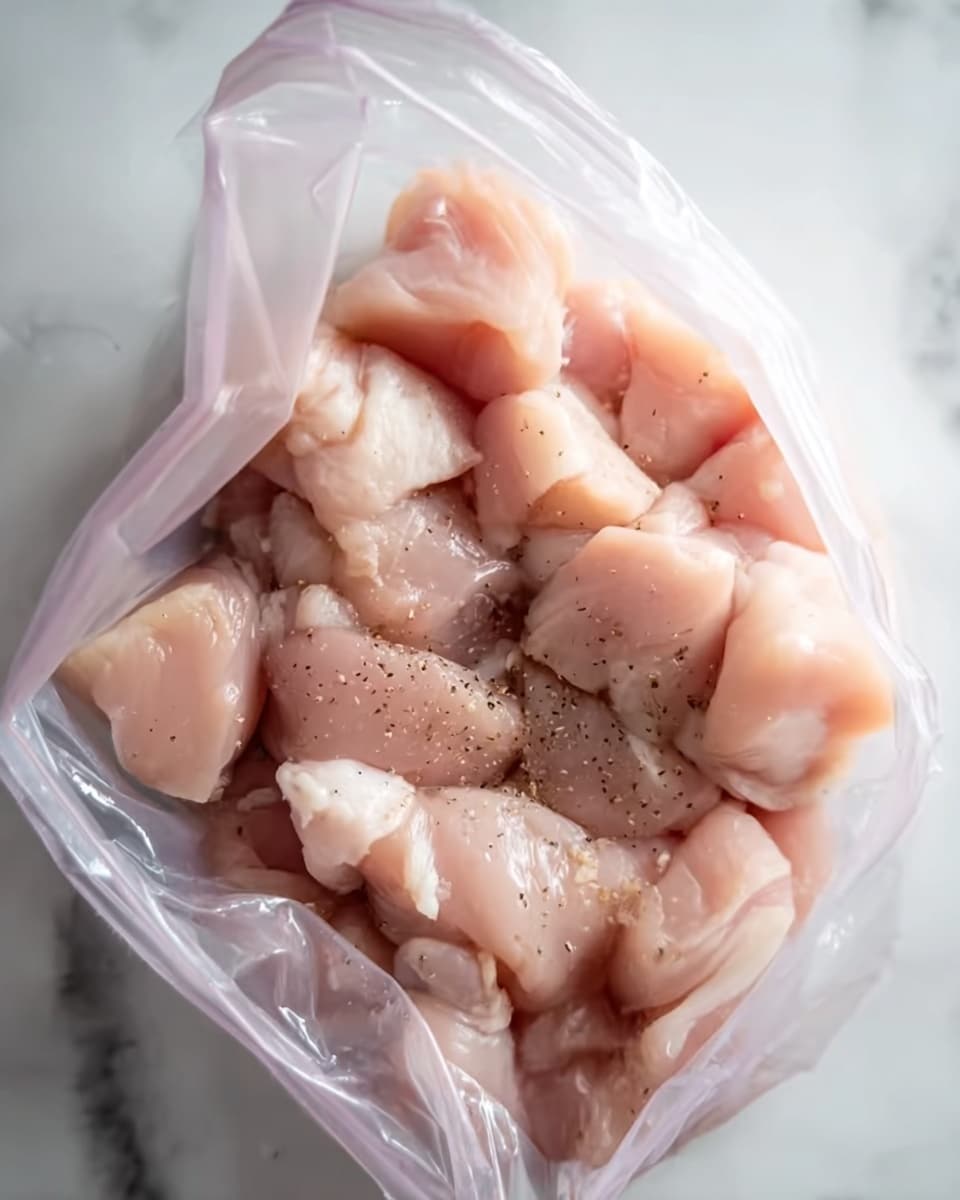 This image shows many small pieces of raw chicken inside a clear plastic bag. The chicken pieces are light pink with some parts appearing whitish, and there are small black specks of seasoning scattered over them. The bag is open at the top and the chicken fills most of the visible space inside. The background is a white marbled surface. Photo taken with an iphone --ar 4:5 --v 7