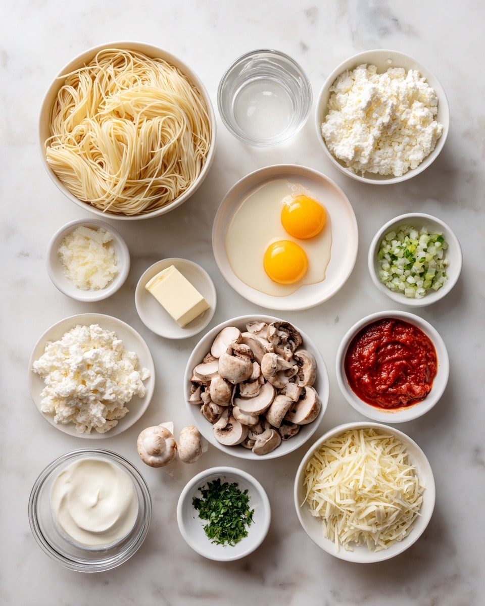 Top-down professional food photography, flat lay style, bright white marble countertop, neatly arranged, evenly spaced, tidy, clean organized layout, include: bowl of cooked spaghetti noodles, small plate with two beaten eggs, small bowl of grated parmesan cheese, small plate with two pats of butter, small bowl of chopped onion, small bowl of chopped green pepper, small bowl of fresh sliced mushrooms, small bowl of sour cream, small bowl of prepared meat pieces, small bowl of tomato paste, glass measuring cup of water, small bowl of sliced or grated mozzarella cheese, small bowl of fresh herbs or garlic cloves, bright soft natural lighting, sharp focus, high detail textures, realistic reflections, professional DSLR look, 4K, no finished dish, no cooked food, no hands, no text, no watermark, no brand logos --ar 4:5 --v 7