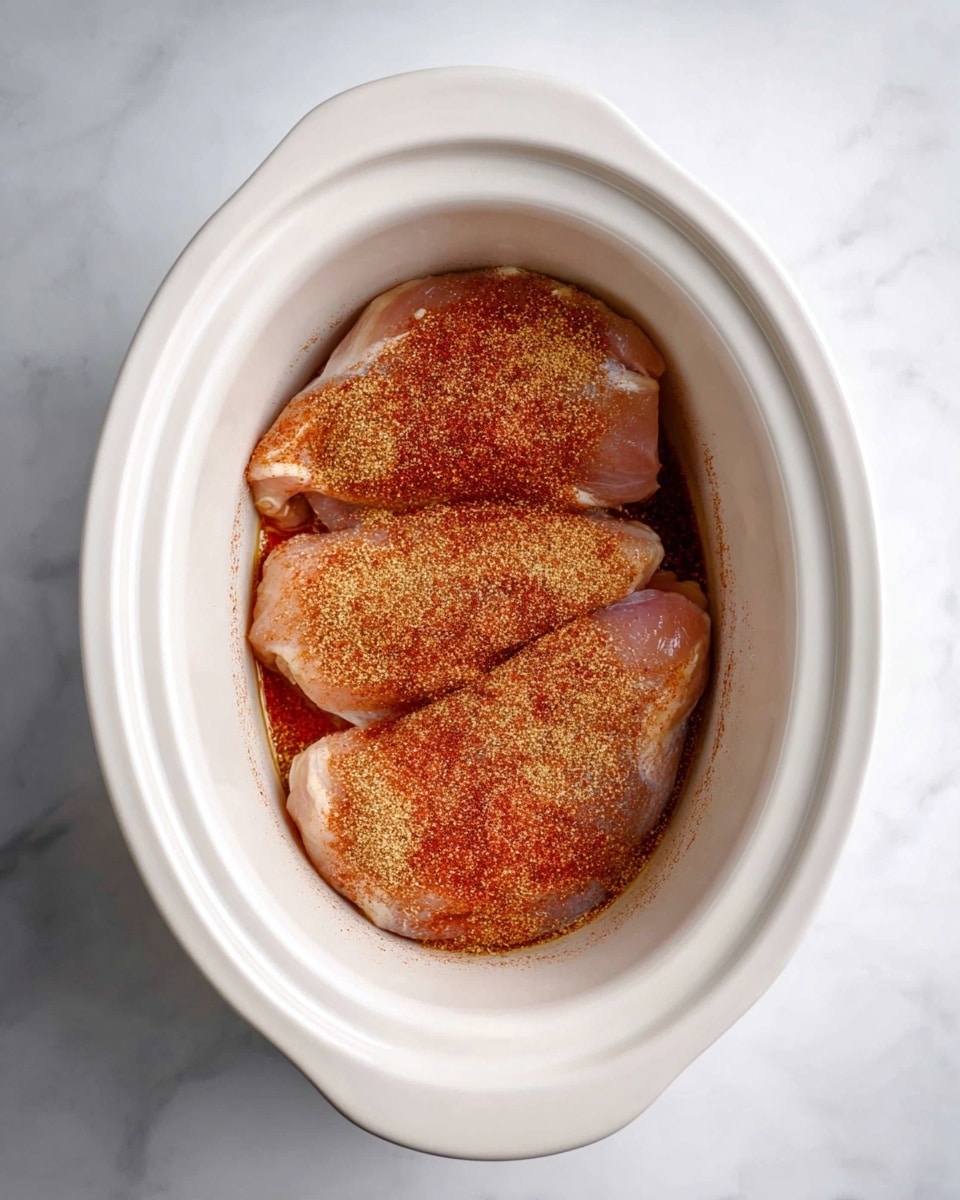 In a white oval slow cooker, three pieces of raw chicken are placed flat next to each other, each covered evenly with a layer of reddish brown and tan spice powders giving them a textured, dry surface. The inside of the cooker is smooth and contrasts with the lightly sprinkled spices, while the outside rests on a white marbled surface that adds a clean, bright background to the scene photo taken with an iphone --ar 4:5 --v 7