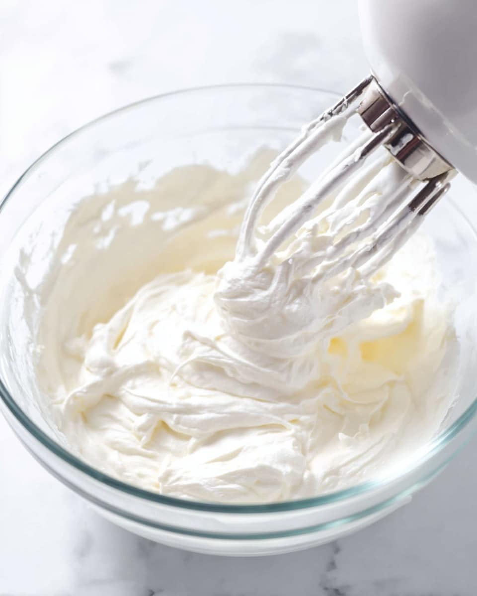 A clear glass bowl filled with thick, smooth, white whipped cream is shown in close-up. Inside the bowl, metal beaters from a white mixer are partially dipped into the cream, with the cream sticking to the beaters in soft peaks. The bowl sits on a white marbled surface, and the scene is bright with soft light highlighting the creamy texture. Photo taken with an iphone --ar 4:5 --v 7