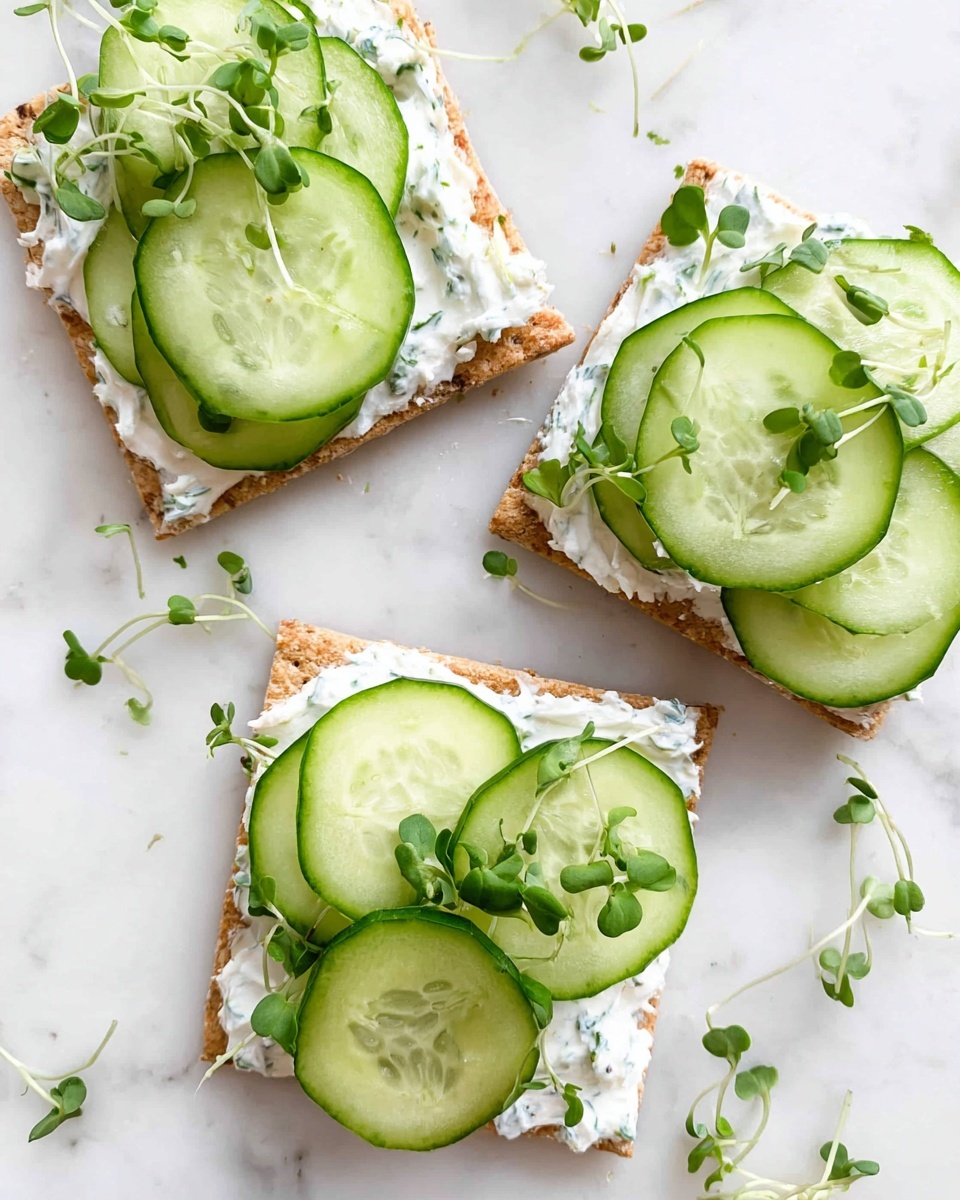 This image shows three pieces of square whole grain crackers laid on a white marbled surface. Each cracker has a thick layer of white creamy spread mixed with green herbs. On top, there are thin, round slices of cucumber, pale green with darker edges, arranged to slightly overlap, covering the spread fully. Small green sprouts are scattered over the cucumbers and around the crackers on the marble. The overall look is fresh and light with a combination of soft creamy texture and crisp cucumber slices. photo taken with an iphone --ar 4:5 --v 7