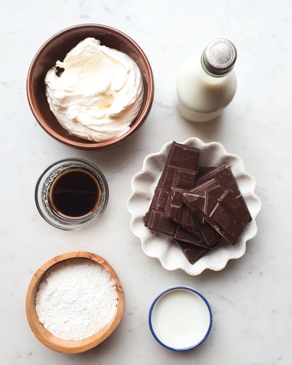 The image shows five bowls and a small bottle arranged on a white marbled surface. The top left has a brown bowl filled with smooth white cream. Below it is a white scalloped bowl holding several pieces of dark chocolate bars stacked unevenly. To the right of the chocolate, there is a small glass cup filled with a dark liquid, and above it, a white bottle with a metal cap is placed. At the bottom left, a wooden bowl contains white powder, and next to it is a small white bowl with a blue rim filled with a thin white liquid. The overall layout is neat and minimal. Photo taken with an iphone --ar 4:5 --v 7