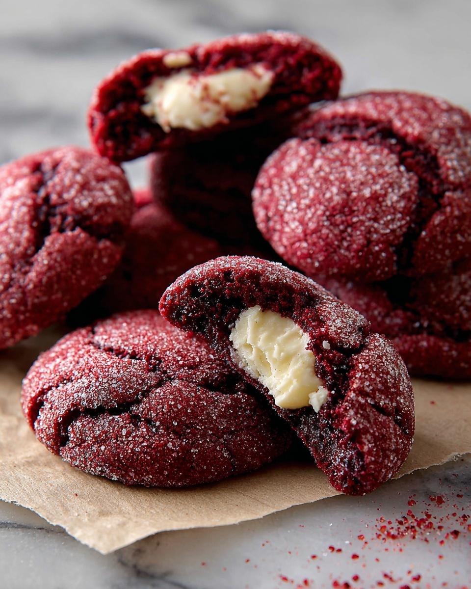 The image shows a group of dark red cookies with a sugar-coated surface, each about two layers thick. The outer layer is a deep red color with a slightly rough and cracked texture, while the inside has a cream-colored soft filling. Some cookies are whole, and two are broken open to show the creamy center. The cookies are placed on a white marbled surface, with a piece of light brown parchment paper underneath some of them. Photo taken with an iphone --ar 4:5 --v 7