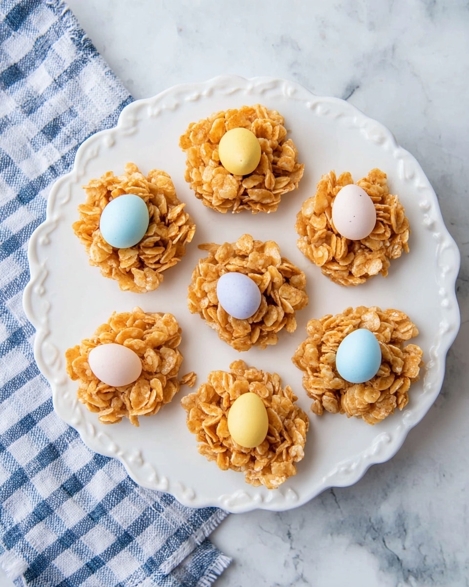 The image shows a white scalloped plate with eight small, round clusters made from crunchy textured golden-brown cereal or nuts. Each cluster has three smooth, matte candy eggs on top in soft pastel colors: yellow, light blue, pale pink, and white, arranged in a small triangular pattern on each nest. The plate sits on a white marbled surface, and a blue and white checkered cloth is partially visible at the side. The overall look is neat and festive, with a soft natural light enhancing the warm tones of the clusters and the muted colors of the eggs. photo taken with an iphone --ar 4:5 --v 7
