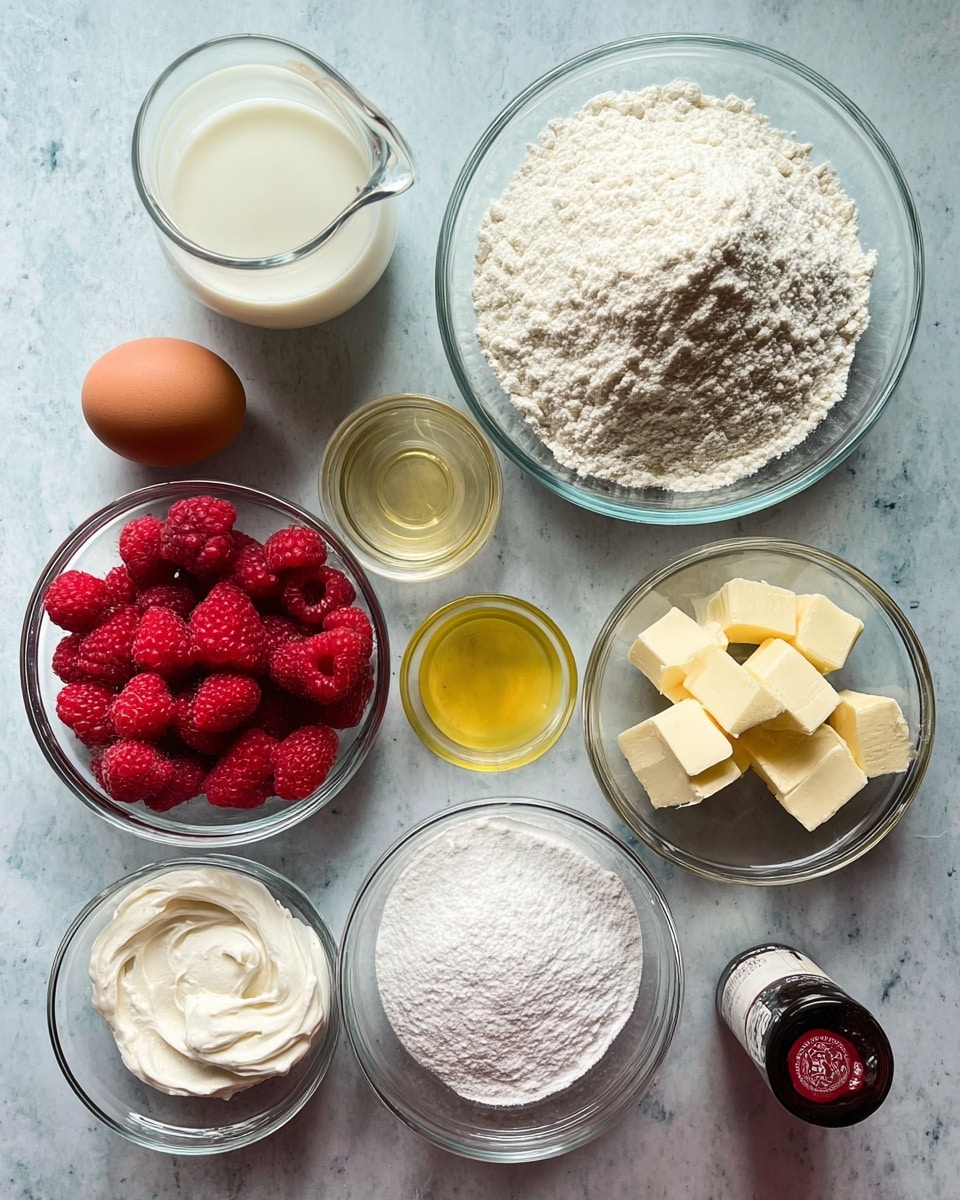 The image shows a flat lay of several clear glass bowls and a glass jug arranged neatly on a white marbled surface. There are nine containers holding different ingredients: a large bowl filled with white flour at the top center, a medium bowl of white sugar to the right, a medium bowl of fresh red raspberries at the bottom left, a small bowl of cream cheese or sour cream beside it, and another small bowl of white powder, likely baking powder, to the bottom right. There is a medium bowl of pale yellow butter cubes near the center, a small bowl of light yellow oil next to the sugar, a glass jug of white milk to the left, a single brown egg near the middle, and a small dark bottle with a label at the bottom center. Photo taken with an iphone --ar 4:5 --v 7