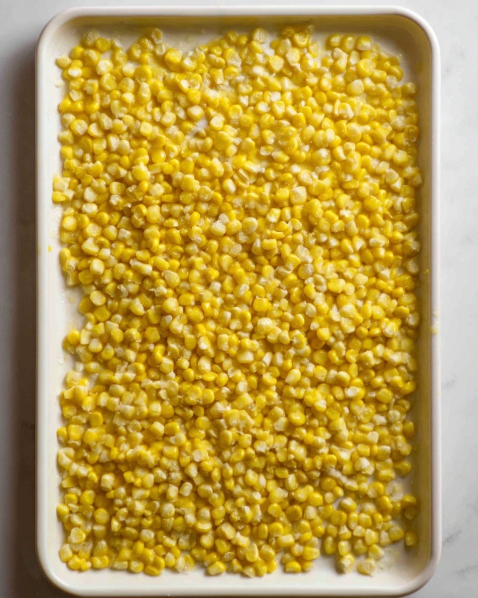 A white rectangular tray filled evenly with small, bright yellow corn kernels spread out close to each other, showing a rough texture on a clean white marbled surface. The tray is completely covered with the corn, with a few small gaps showing the white base beneath. The lighting is soft and natural, highlighting the shiny, fresh look of the kernels. photo taken with an iphone --ar 4:5 --v 7