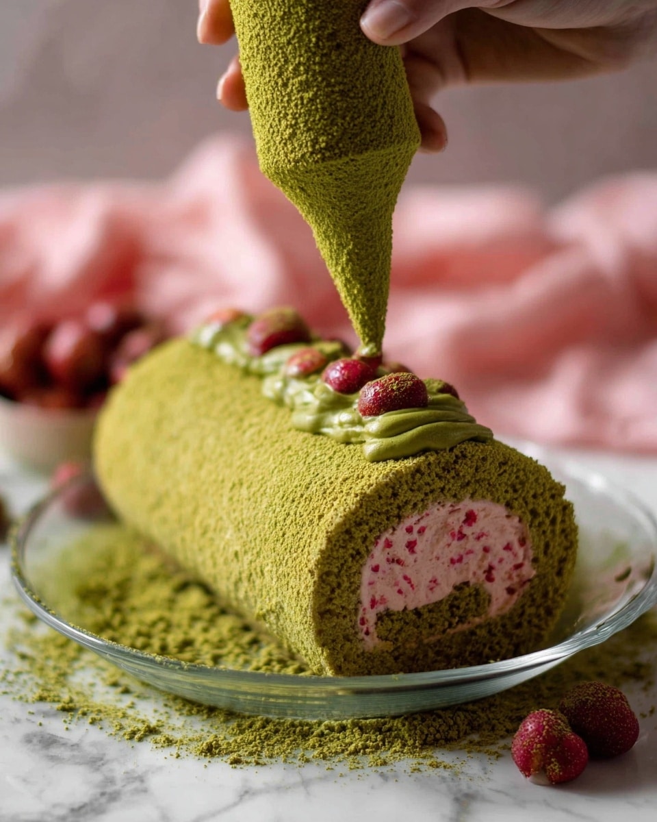 A green rolled cake with a rough texture sits on a layer of crushed green powder inside a clear glass bowl. The cake is about two layers thick, with a visible inner pink cream layer dotted with small red pieces. On top of the cake, a woman's hand is squeezing green cream in a wavy line from a piping bag. The scene is set on a white marbled surface with blurred soft pink fabric and red fruits in the background. Photo taken with an iphone --ar 4:5 --v 7