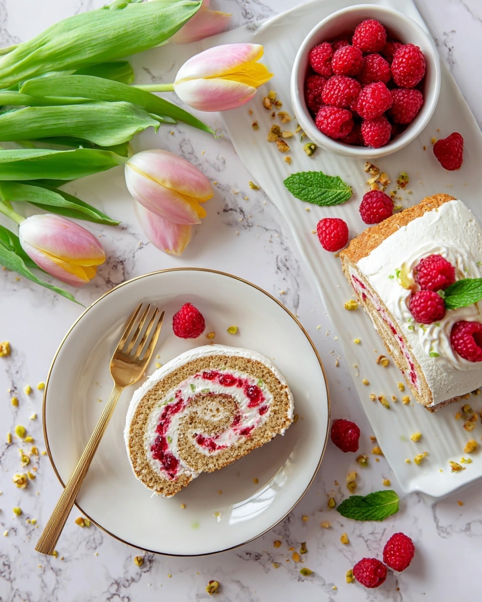 The image shows two slices of a rolled cake with visible layers: a light brown sponge cake rolled with white cream and red raspberry filling swirled inside. One slice is on a white plate with a gold rim, placed on a white marbled surface, accompanied by a gold fork. The other slice is on a larger white rectangular plate, decorated with white cream, a raspberry, and a small green mint leaf on top. Next to the plates, there is a small white bowl filled with bright red raspberries and some scattered raspberries around it. There are also three light pink tulips on the left side, with green leaves and yellow crushed nuts scattered near them. The overall look is fresh and colorful. photo taken with an iphone --ar 4:5 --v 7