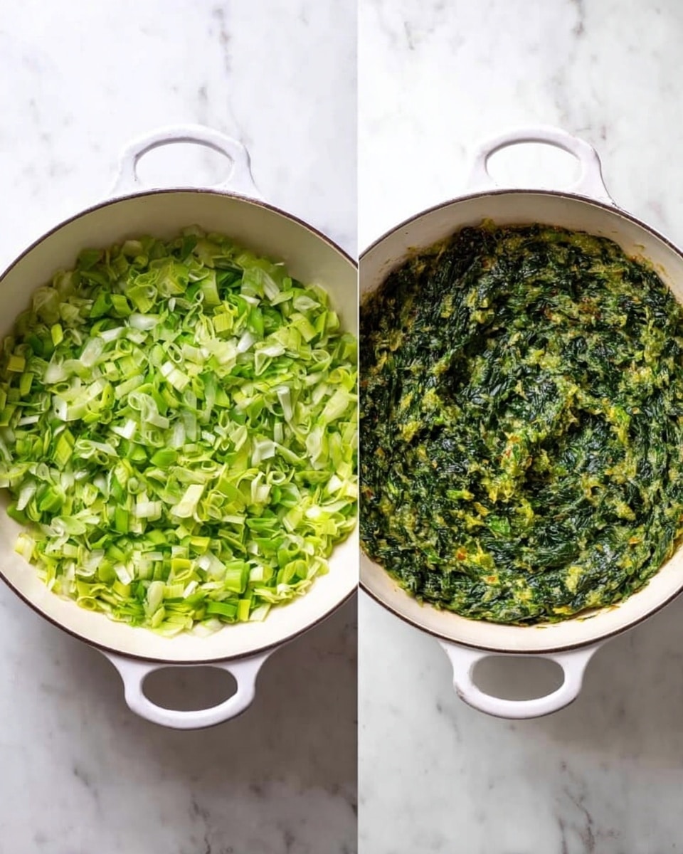 The image shows two white round pans with handles on a white marbled surface. The left pan holds a layer of bright green sliced leeks mixed with small white pieces, spread evenly across the pan with a fresh, slightly shiny texture. The right pan contains a darker green cooked mixture of spinach or similar leafy greens, mashed and flattened to cover the pan entirely with some visible yellowish bits, giving it a soft and dense look. Both pans have a clean white interior with dark rims. Photo taken with an iphone --ar 4:5 --v 7