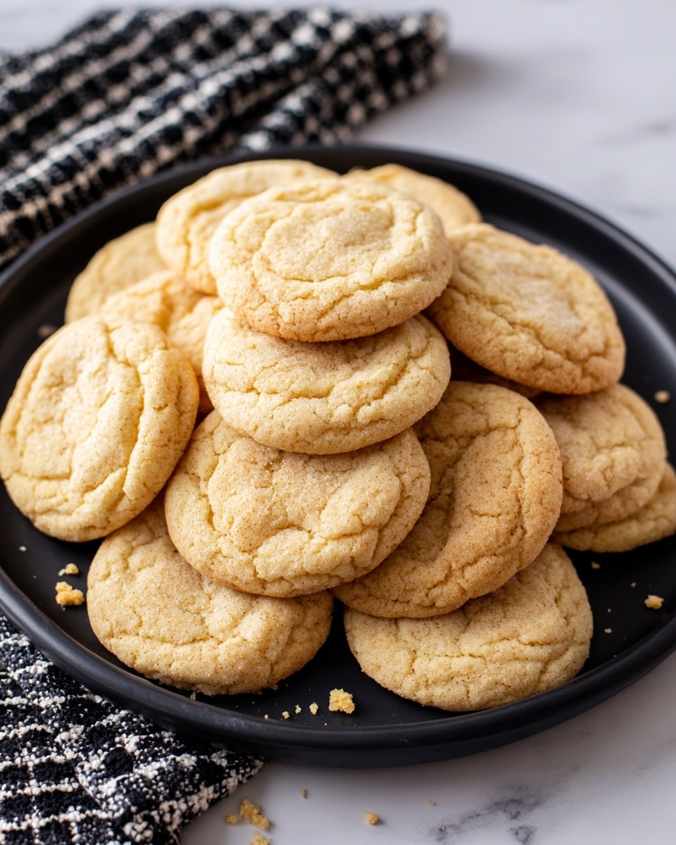 A round black plate filled with about twenty light golden brown cookies, each cookie having a slightly cracked surface and soft texture. The cookies are stacked unevenly, some overlapping each other, with small crumbs scattered on the plate. The plate sits on a white marbled surface with part of a black and white checkered cloth visible in the corner. photo taken with an iphone --ar 4:5 --v 7