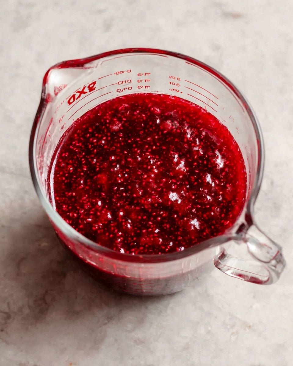 A clear glass Pyrex measuring cup filled with a thick, bright red raspberry sauce with visible seeds and small fruit pieces. The sauce has a shiny, slightly bumpy texture, almost filling the cup to just under the 2-cup mark. The cup is placed on a white marbled surface. Photo taken with an iphone --ar 4:5 --v 7