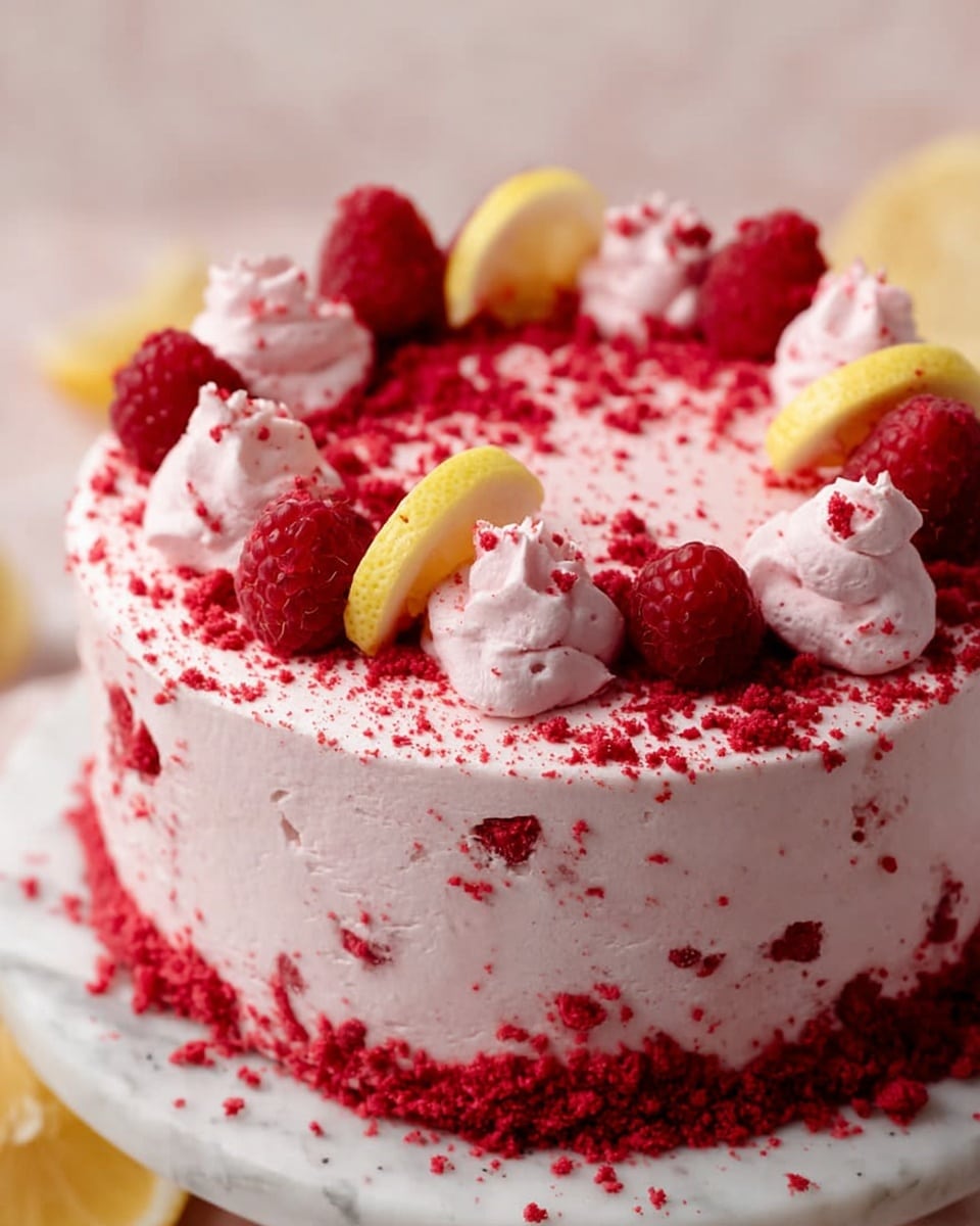 A round cake with one visible layer covered in light pink frosting stands on a white marbled surface. The top is decorated with dollops of the same pink frosting placed evenly near the edge, each topped with fresh red raspberries and small lemon wedges. Crushed bright red crumbs are sprinkled all over the top and sides of the cake, adding texture and color contrast. The overall look is light and fresh with a mix of soft pink, vibrant red, and pale yellow on a white background. Photo taken with an iphone --ar 4:5 --v 7
