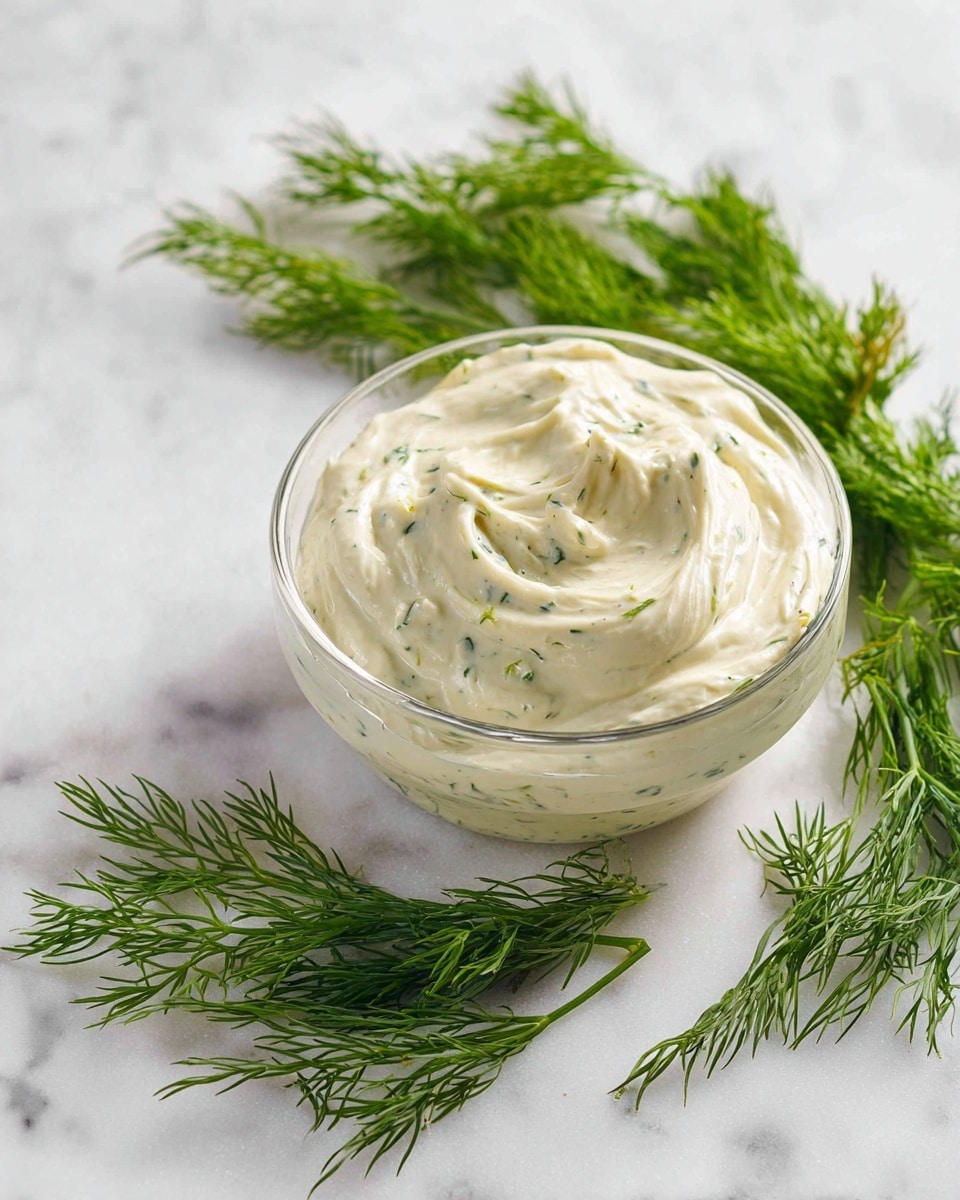 A clear glass bowl is filled with a creamy off-white dip that has small green herb specks mixed in, swirled softly on the top to show its smooth texture. Around the bowl, fresh green dill sprigs are placed on a white marbled surface, adding a vibrant color contrast and a natural touch. The lighting highlights the soft folds and slight peaks of the dip. photo taken with an iphone --ar 4:5 --v 7