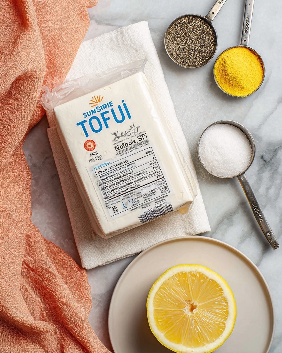 The image shows a block of soft tofu in clear plastic packaging with a white label that has blue and black text reading