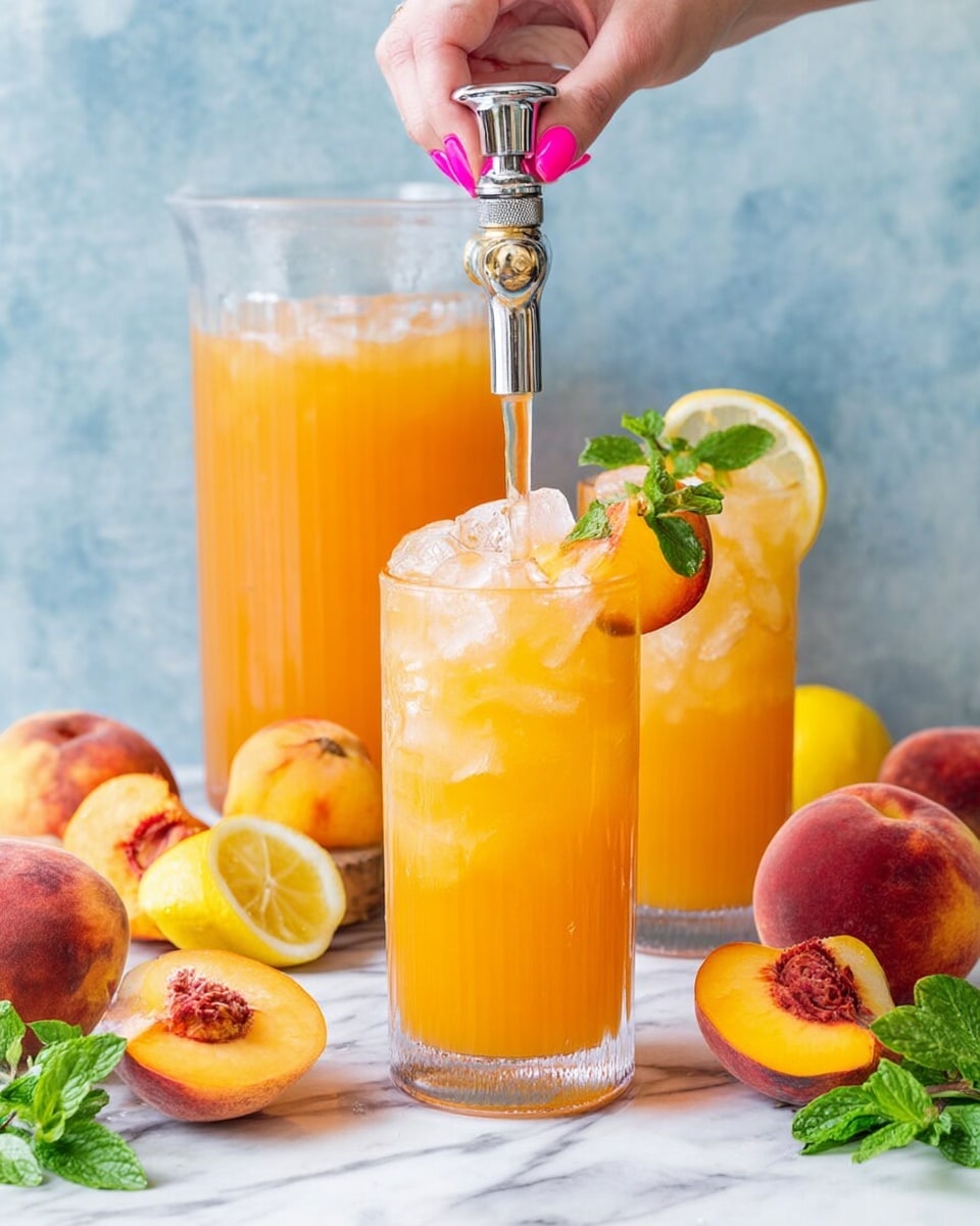 A clear glass container filled with bright orange peach juice is shown being poured through a silver tap into a tall clear glass, with a woman's hand holding the tap handle painted bright pink. Next to it, there is another tall clear glass filled with the same peach juice, topped with ice and decorated with a peach slice, a lemon wedge, and a sprig of mint. Around the glasses and container, there are fresh peach halves and slices, whole yellow lemons, and scattered green mint leaves, all placed on a white marbled surface and with a soft blue textured background. Photo taken with an iphone --ar 4:5 --v 7