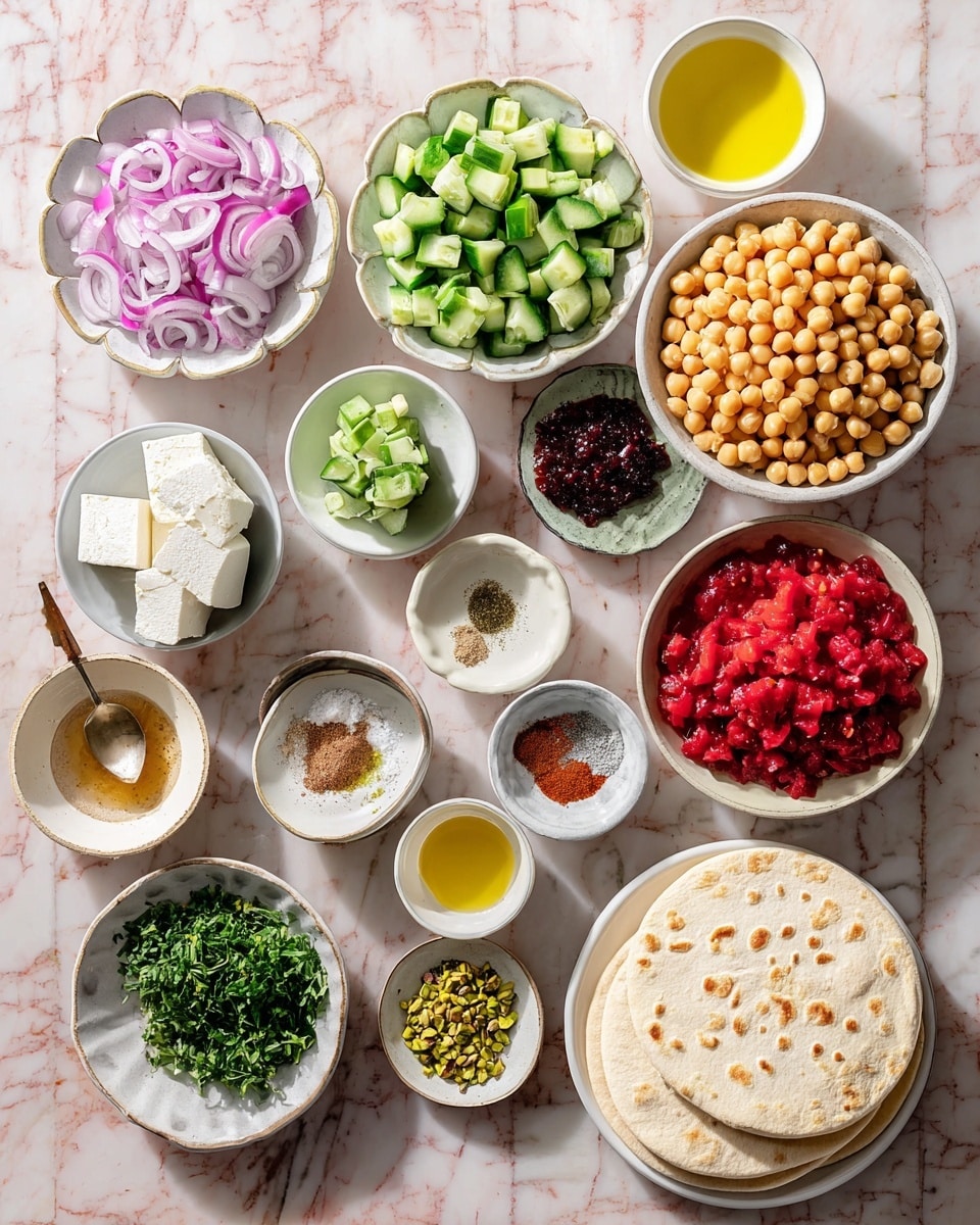 The image shows a top view of many ingredients laid out neatly on a white marbled surface, ready for a meal. There are four round white bowls shaped like flowers holding pale purple chopped shallots, bright green chopped cucumbers, white tofu block, and little yellow mustard. A bigger white bowl on the right side holds light brown chickpeas, next to a white bowl filled with bright red chopped tomatoes. Smaller white dishes contain mixed spices in red, white, and brown powder, black pepper, and a dark reddish-purple dried fruit. A speckled white bowl holds golden oil, and a small white bowl holds pale yellow lemon juice. Two smaller bowls contain chopped dark green herbs, and one smaller bowl holds crushed green pistachios. A round white plate sits at the bottom right with two round flatbreads that are pale beige with small dots on their surface. Everything is arranged carefully and brightly lit. photo taken with an iphone --ar 4:5 --v 7