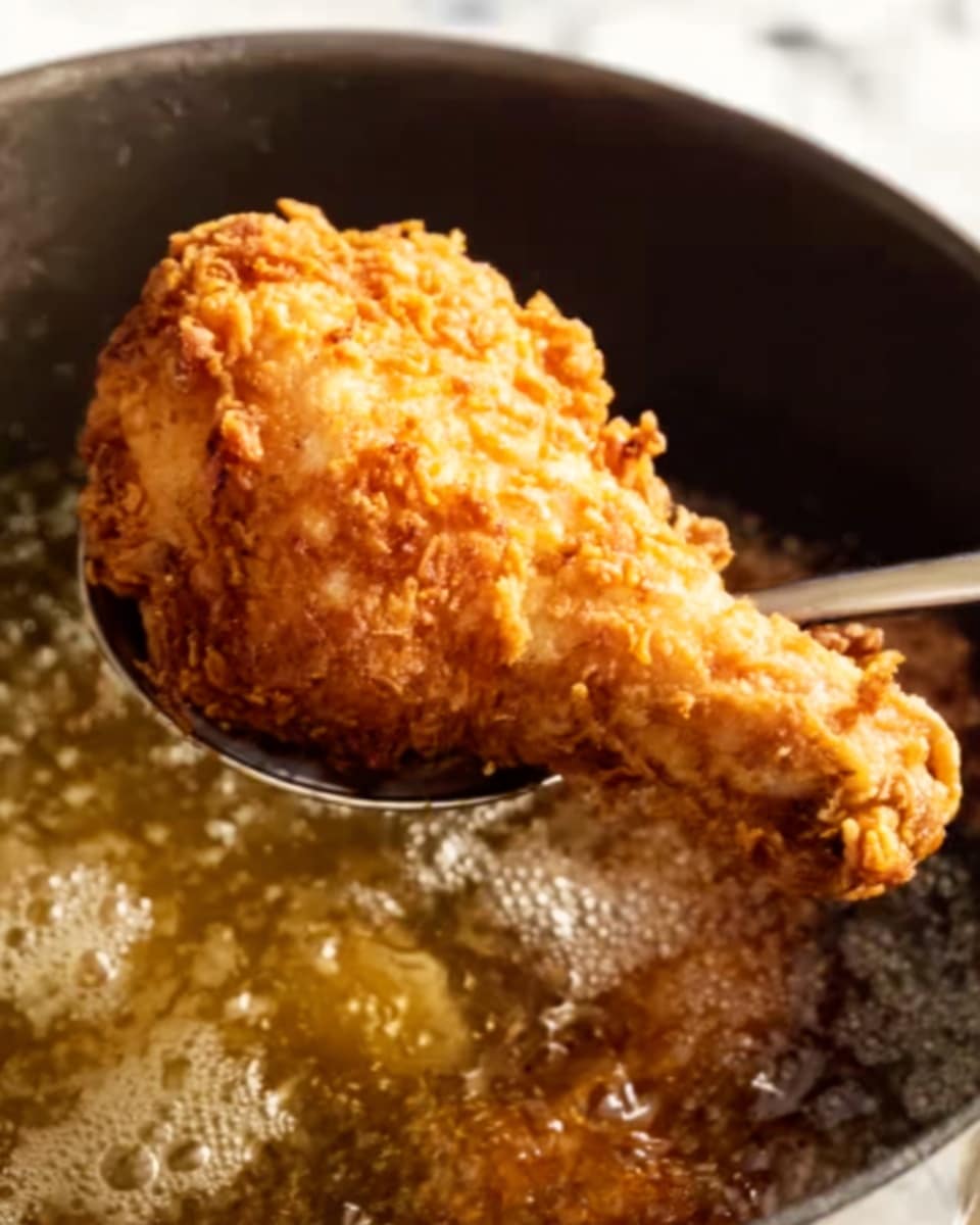 A close-up image of a golden brown fried chicken drumstick held by a spoon over a pot with bubbling oil. The drumstick has a crispy, textured crust with small ridges and a rough surface, showing it is well-fried. The dark pot contrasts with the light color of the chicken, and the oil shows bubbles and some splashes around. The background is a white marbled texture. Photo taken with an iphone --ar 4:5 --v 7