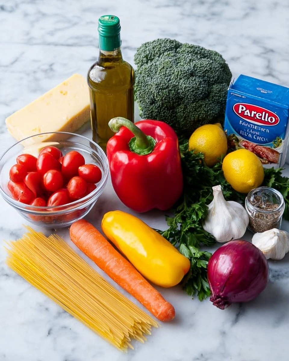 The image shows a group of fresh ingredients arranged on a white marbled surface with a white marbled background. From left to right, there is a clear glass bowl filled with small red grape tomatoes, next to a block of light yellow cheese. Behind these is a bottle of olive oil with a green cap. Moving right, there is a large red bell pepper, a broccoli head, an orange carrot, a yellow squash, and a bunch of green parsley leaves. Further right, there is a red onion, two cloves of garlic, a yellow lemon, a blue box of Barilla penne pasta, and a clear jar filled with Italian seasoning. All items are placed close together, creating a colorful and fresh presentation. Photo taken with an iphone --ar 4:5 --v 7