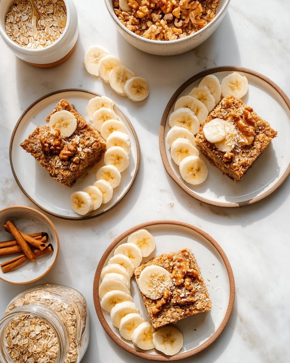 Three white round plates with brown rims each hold a square piece of oatmeal banana bar topped with a slice of banana and sprinkled with oat flakes and walnut pieces. Each plate also has a line of fresh banana slices next to the oatmeal bar on a white marbled surface. Around the plates, there is a bowl of granola, a bowl of oats, a glass jar filled with cinnamon sticks, and a white bowl holding another piece of the oatmeal bar. The lighting is bright and natural, highlighting the texture of the oat bars and the yellow creaminess of the bananas. Photo taken with an iphone --ar 4:5 --v 7