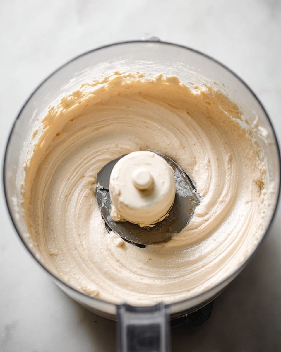 A clear food processor bowl filled with a creamy, light beige mixture that swirls smoothly around the central blade attachment. The texture looks thick and soft, with some slight airiness visible in the cream. The food processor sits on a white marbled surface, showing just the top view of the spinning blade and the mixture sticking slightly to the sides of the bowl. The lighting is bright and natural, emphasizing the creamy texture and slight shine of the mixture. photo taken with an iphone --ar 4:5 --v 7