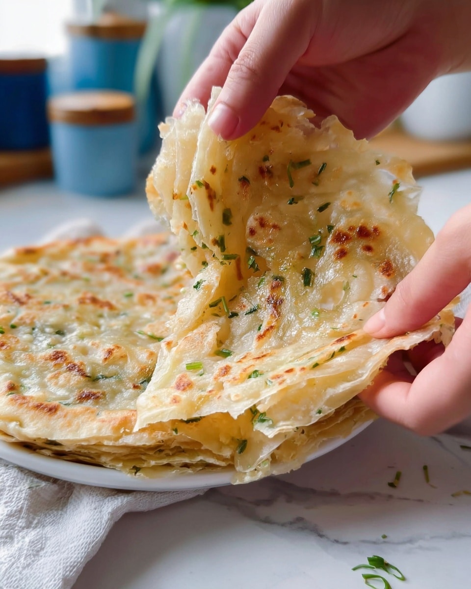A close-up view of two woman's hands pulling apart a round flatbread with multiple thin, delicate layers showing a light golden brown color and small green herbs scattered inside and on the surface. The flatbread is placed on a white plate in the background, and the whole scene is set on a white marbled textured surface. The background is softly blurred with kitchen containers in muted blue and white tones visible. photo taken with an iphone --ar 4:5 --v 7