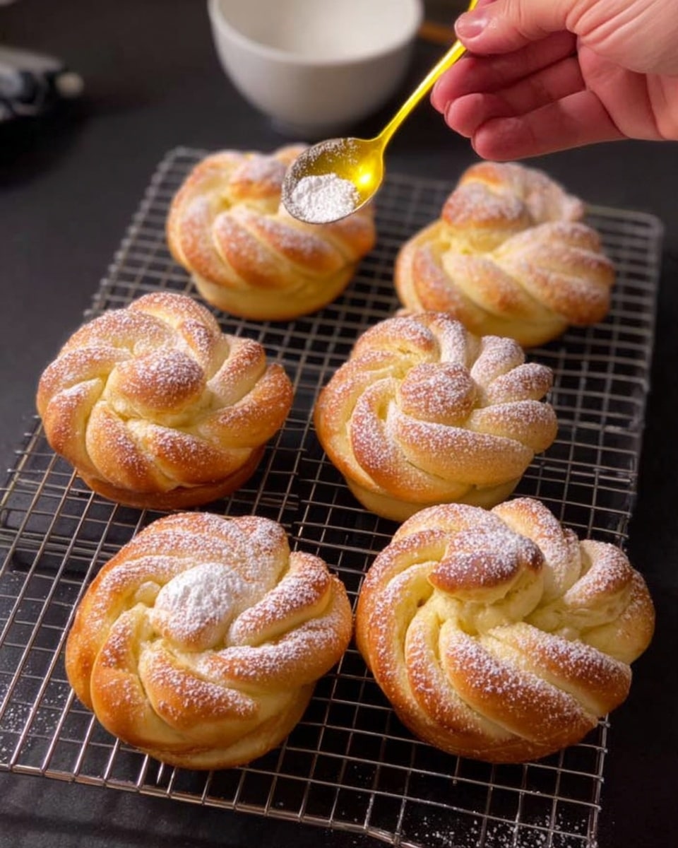 The image shows six golden brown, twisted sweet buns on a black wire cooling rack. Each bun has a round shape with multiple braided layers, topped with a light dusting of powdered sugar that gives a soft white contrast to the warm baked color. A woman's hand is holding a small, yellow spoon above one of the buns, about to add more powdered sugar. The cooling rack sits on a dark surface, and there is a white bowl slightly visible in the top part of the image. Photo taken with an iphone --ar 4:5 --v 7