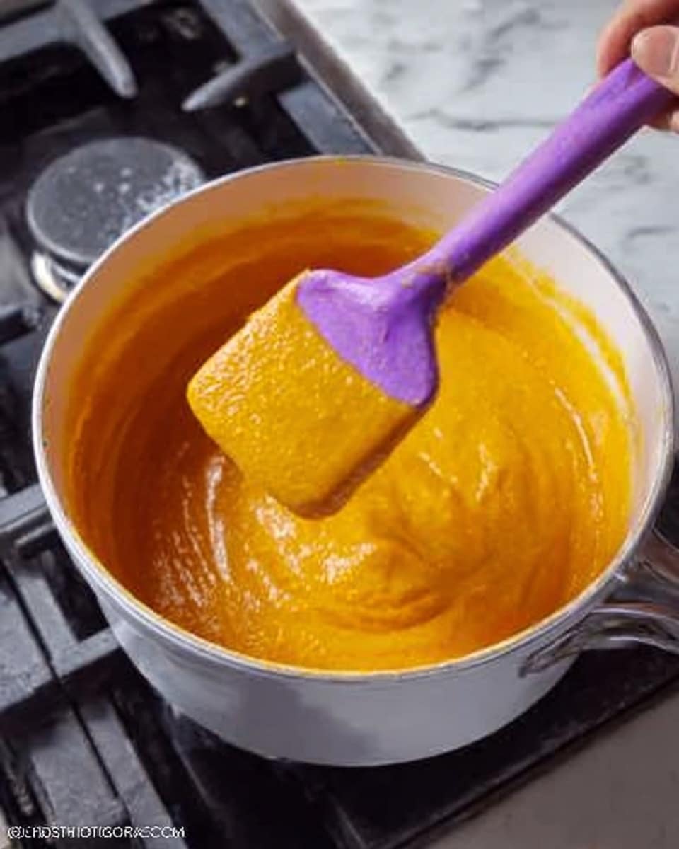 The image shows a close-up of a white cooking pot filled with thick, smooth orange-yellow sauce or puree. A woman's hand holds a purple spatula coated with the same bright, creamy mixture, lifting it slightly above the pot. The pot sits on a black stove with visible grates around it, contrasting with the white marbled surface underneath. The sauce looks warm, shiny, and evenly blended with a soft texture throughout. photo taken with an iphone --ar 4:5 --v 7