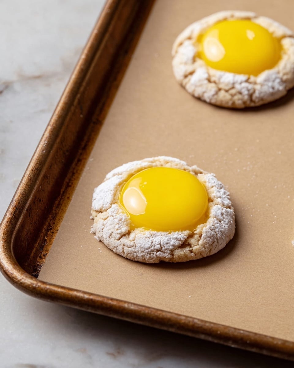 The image shows two small round cookies on a brown baking tray with a white marbled surface underneath. Each cookie has two visible layers: a light beige, slightly cracked base dusted with white powder on the outside, and a thick, glossy, bright yellow topping in the center that looks soft and smooth. The cookies are spaced apart on the tray, highlighting their shape and texture. photo taken with an iphone --ar 4:5 --v 7